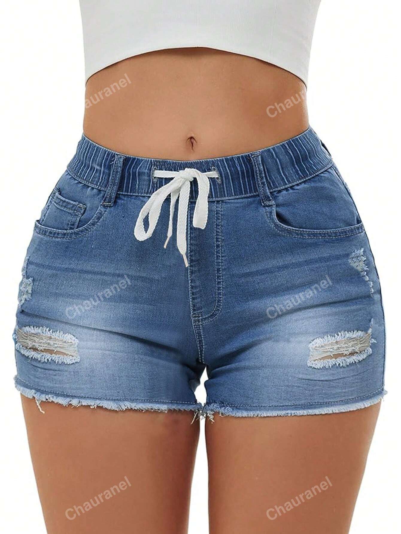 Women\ Distressed Denim Shorts With Elastic Waist And Drawstring, Frayed Hem And Stretchy Fabric