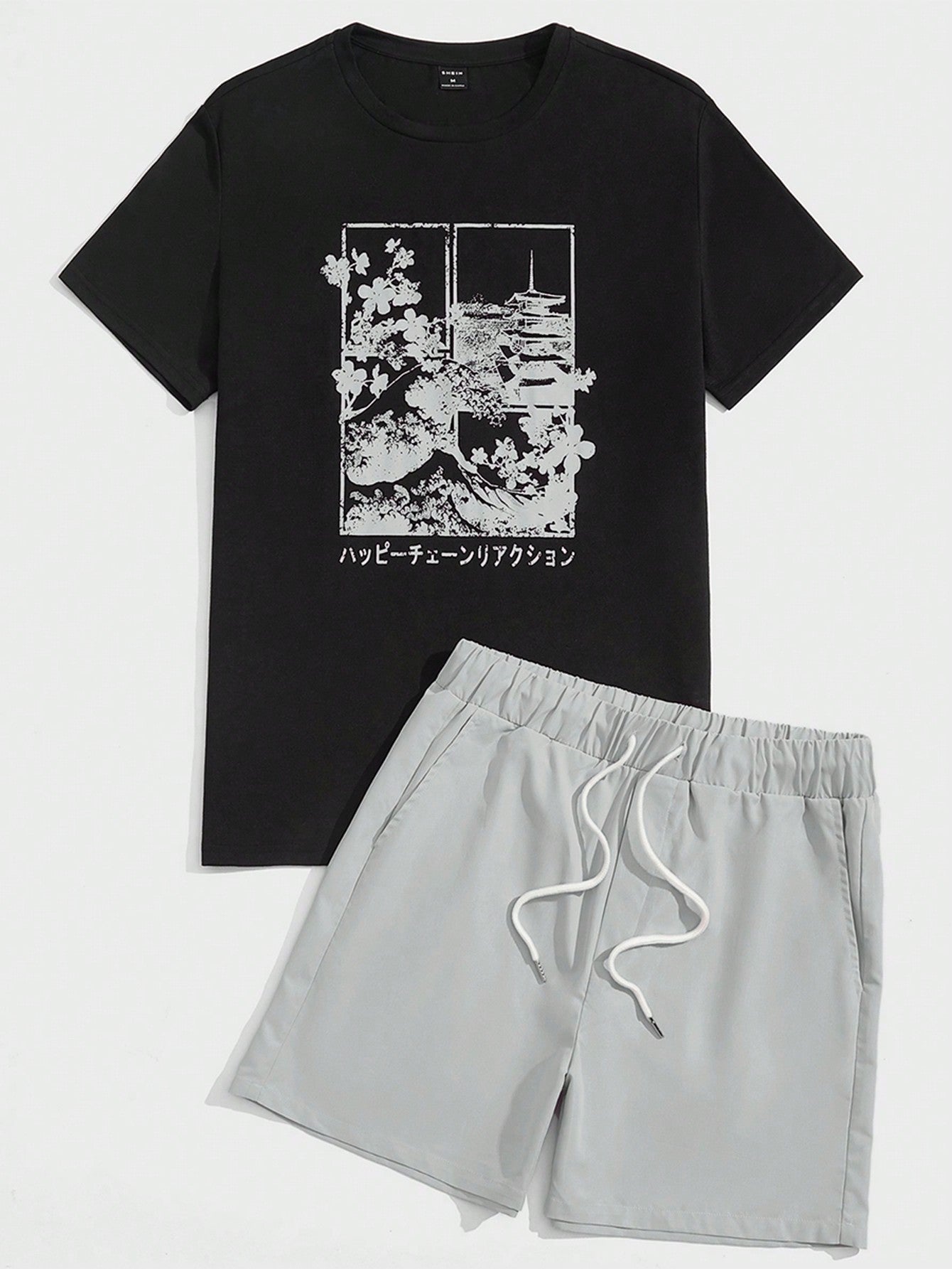 Men Japanese Letter & Floral Print Tee & Drawstring Waist Shorts