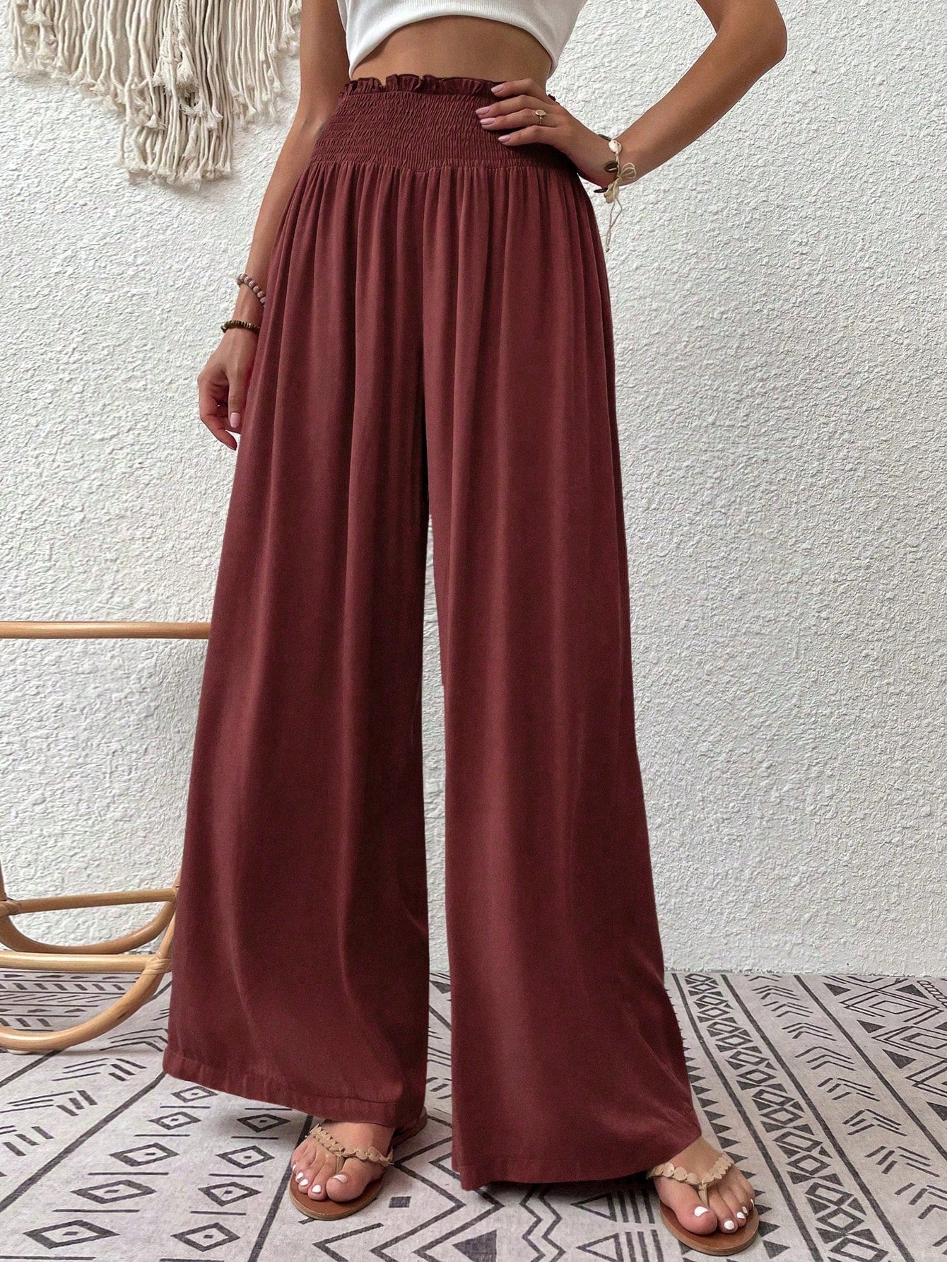 Shirred Waist Wide Leg Pants