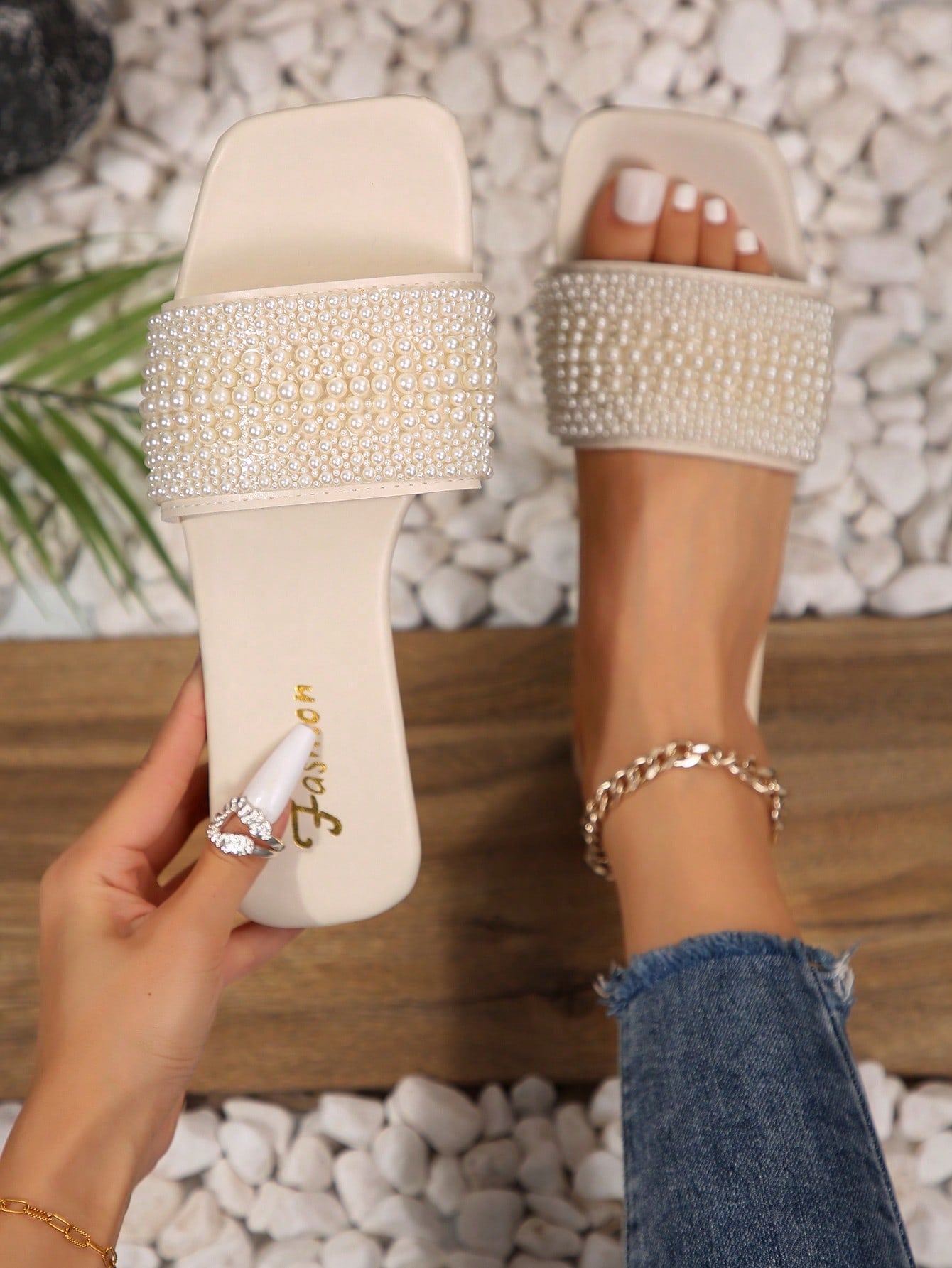 Women's Plus Size Flat Slides Sandals, Holiday Style, Casual And Versatile, Decorated With Rhinestones, Fashionable Outside Wearing Slippers For Summer