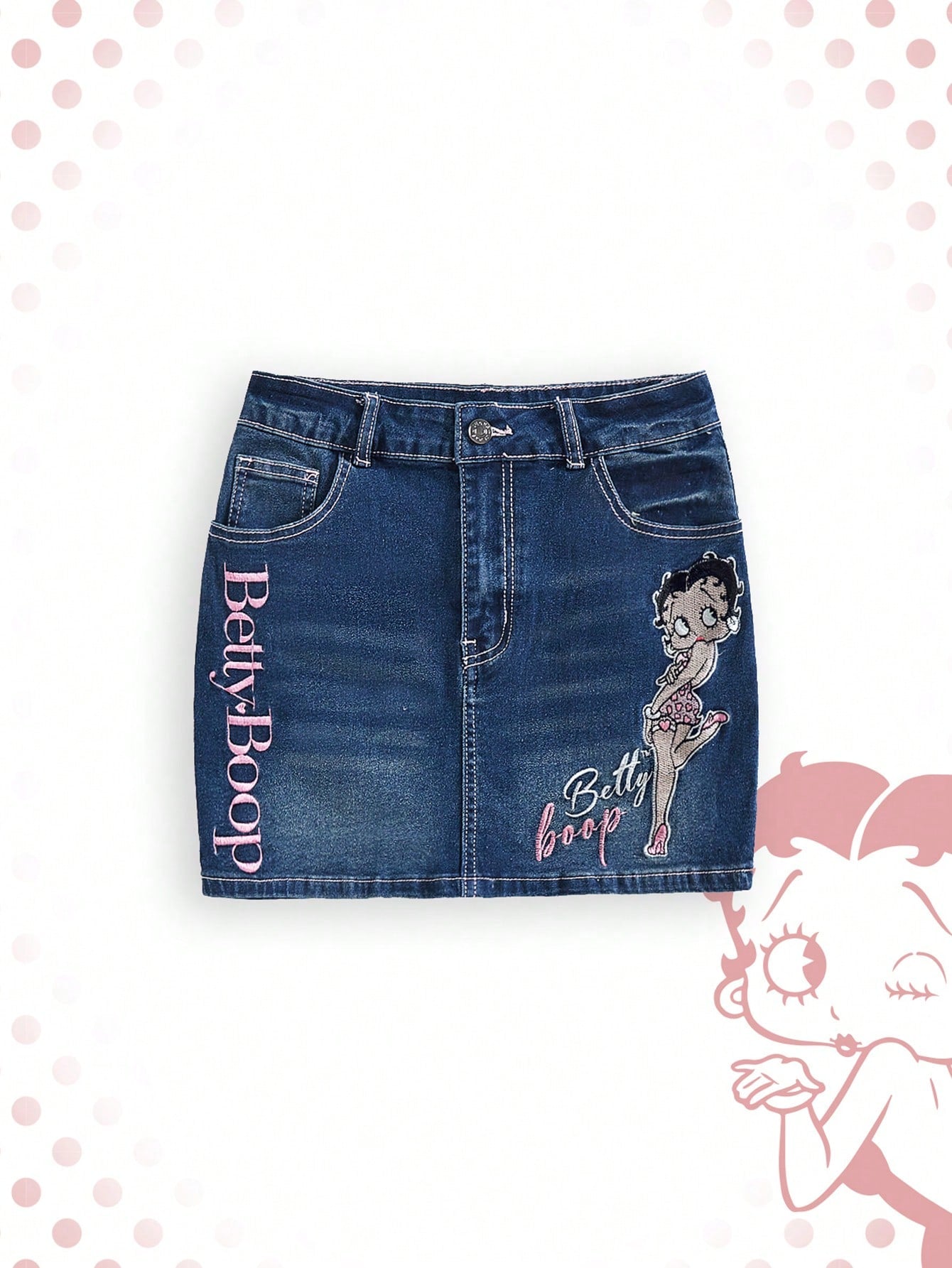 Embroidered Cartoon Figure And Letter Pattern Women's Denim Skirt