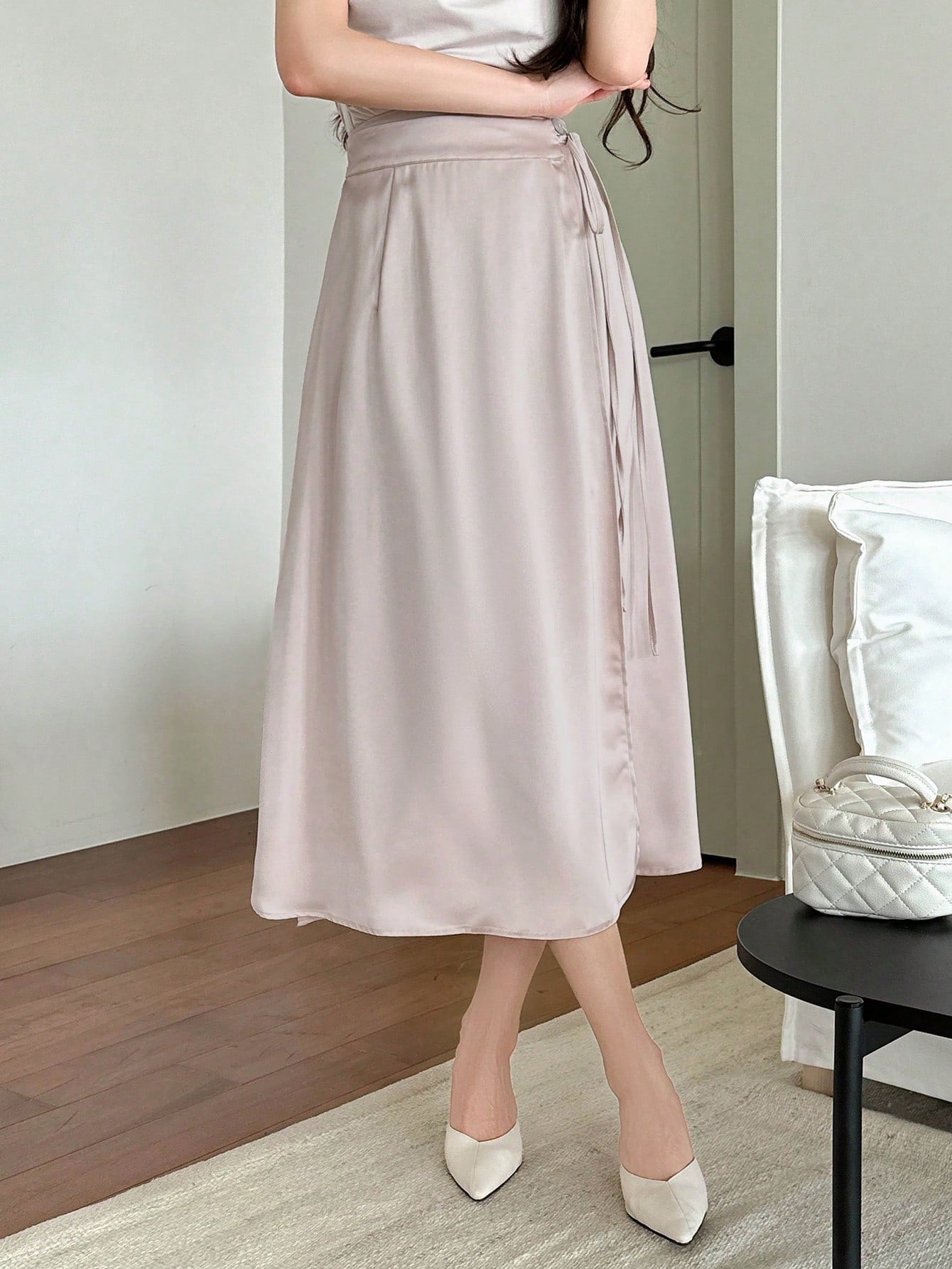 Women's Elegant Solid Color Wraparound Tie Waist Skirt, Summer