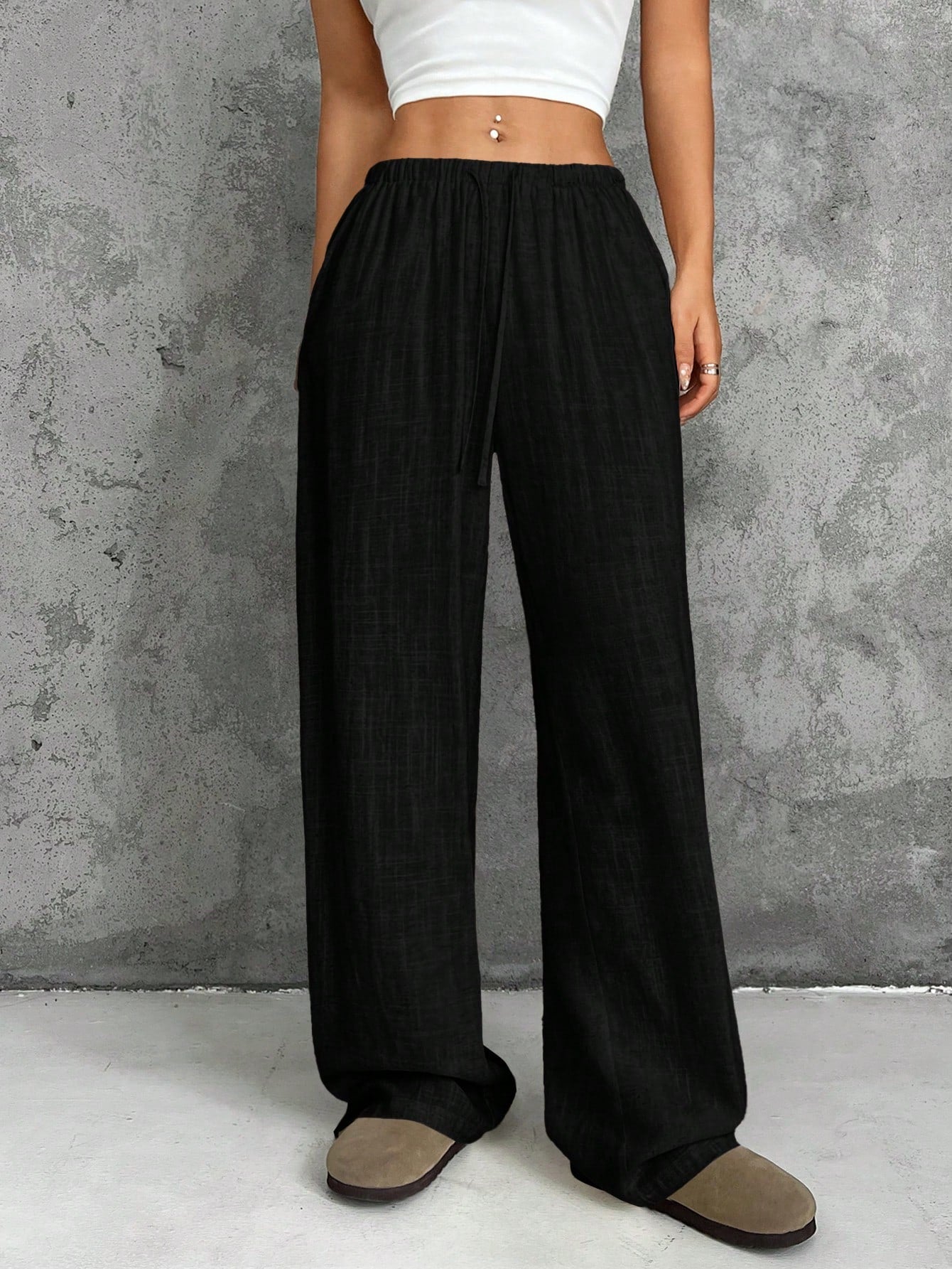 Black Woven Women's Straight-Leg Pants