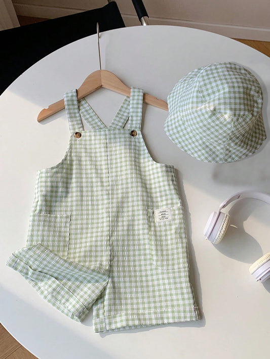 2pcs Young Boys' Casual And Comfortable Gingham Texture Jumpsuit With Braces And Hat Set, Suitable For Daily Wear, School, Travel, Sports In Spring And Summer