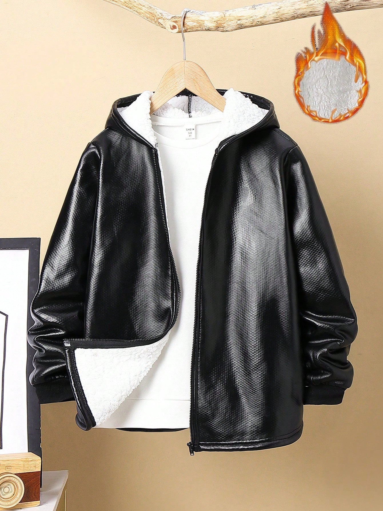 Tween Boy Casual Casual Plush-Lined PU Leather Hooded Jacket