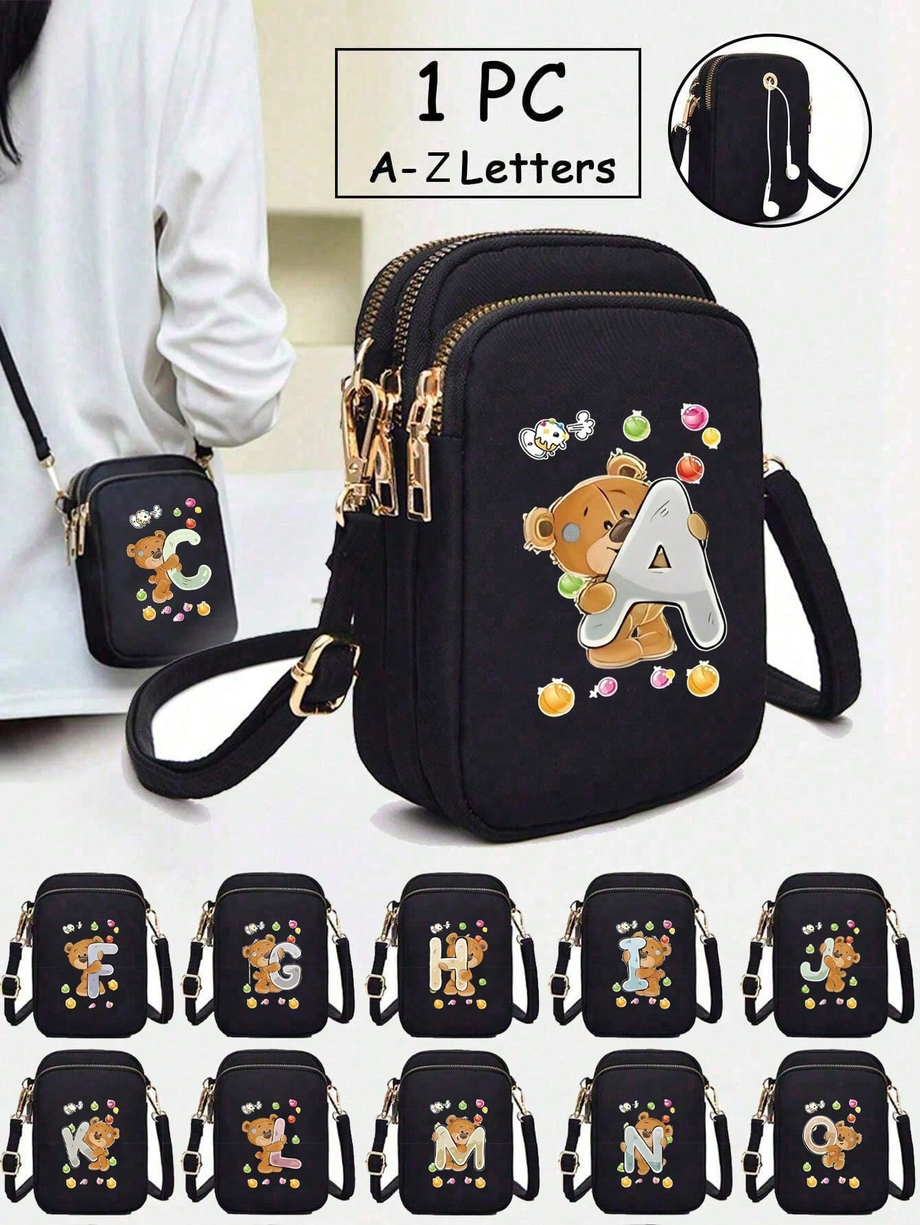 1pc Stylish And Simple Straddle Walk Mini Bag, Bear Ko U Wood Printed Coin Wallet With Mobile Phone Pocket, Casual Trip Back To School Gift