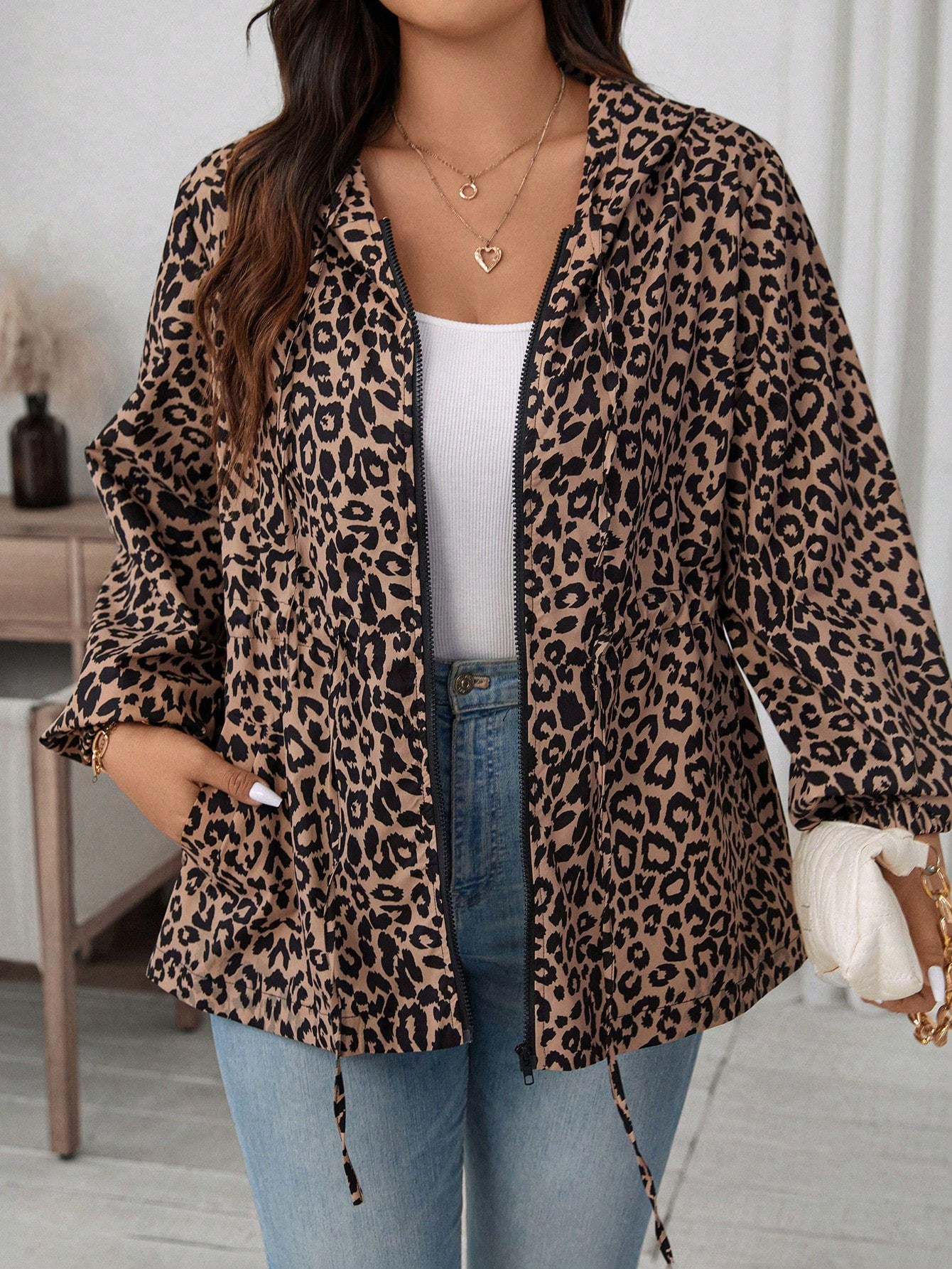 Plus Allover Print Drawstring Waist Hooded Jacket For Autumn & Winter