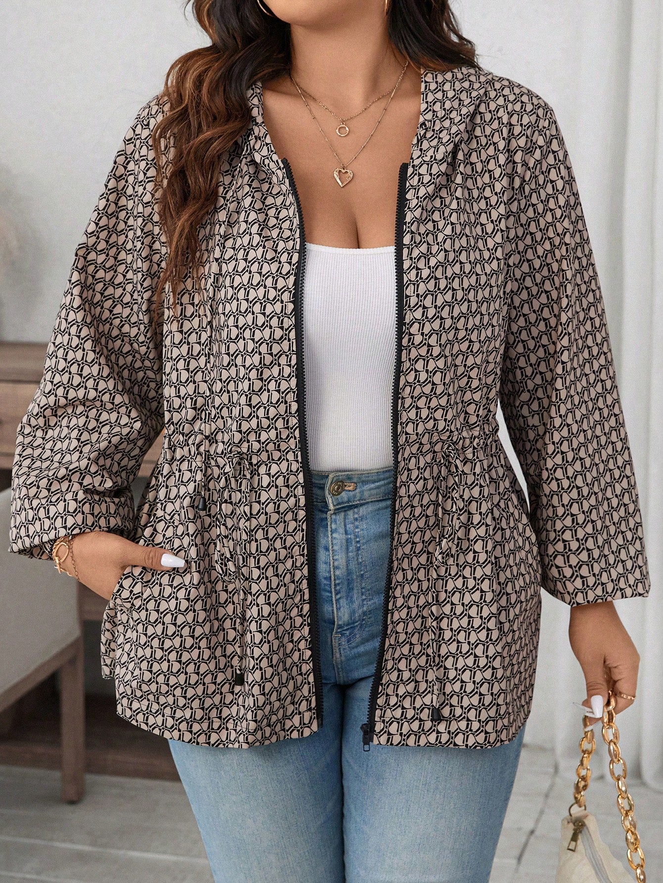 Plus Allover Print Drawstring Waist Hooded Jacket For Autumn & Winter