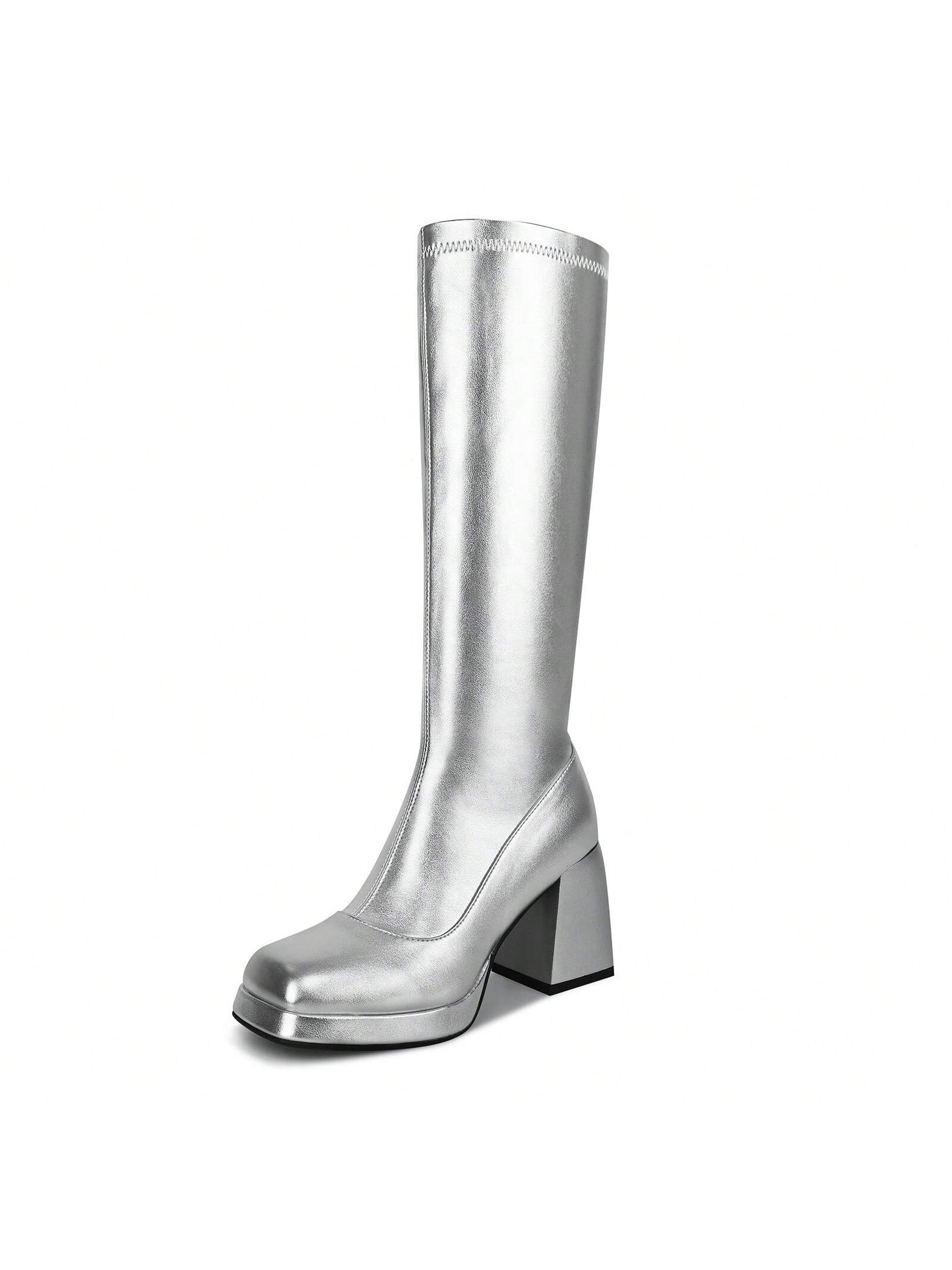 Knee High Gogo Boots, With Square Toe, Side Zipper And Chunky Heel Design For 60 70's Party