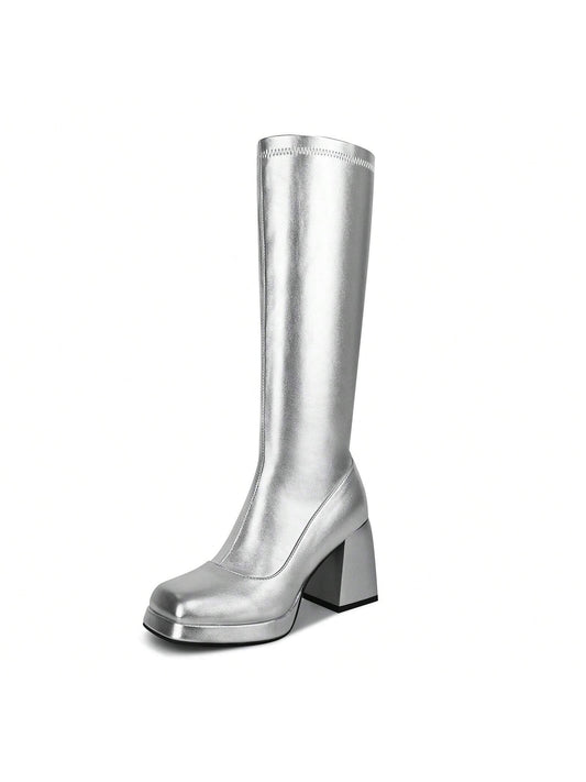 Knee High Gogo Boots, With Square Toe, Side Zipper And Chunky Heel Design For 60 70's Party