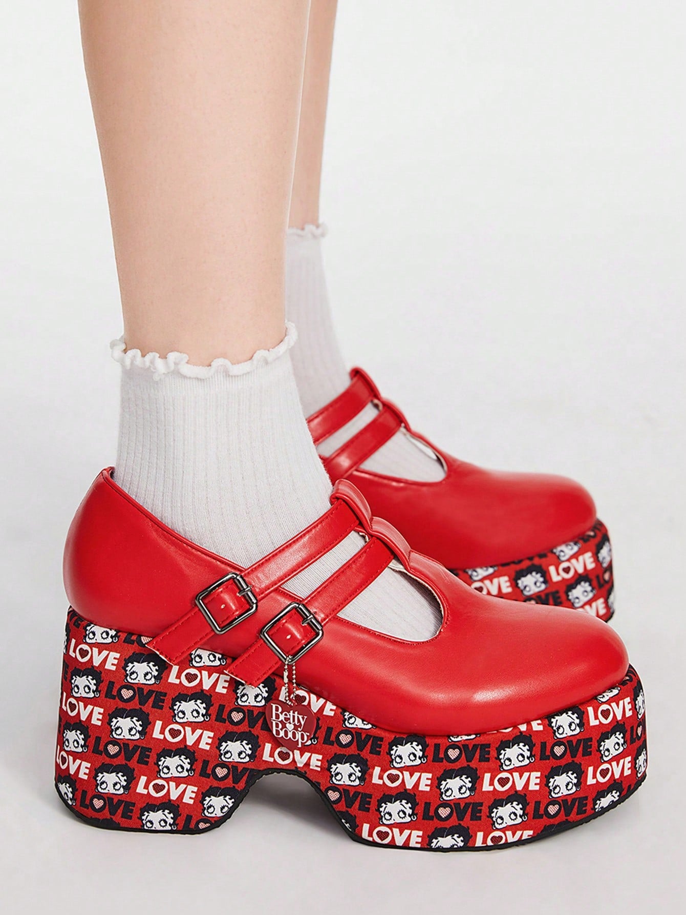 Women Cartoon Letter Print Buckle Detail Wedge Heels Platform Shoes