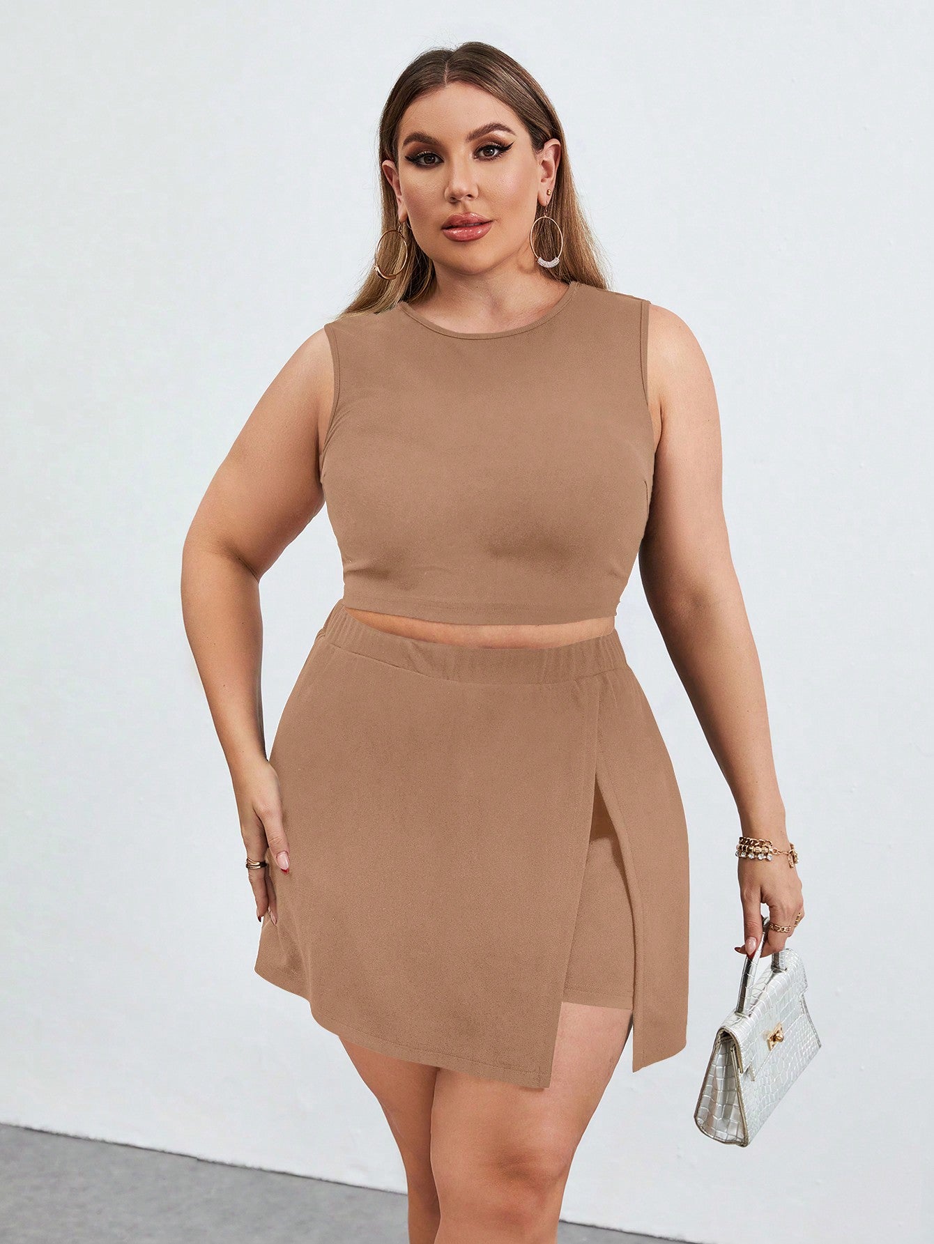 Plus Size Elegant And Simple Solid Colored Two-Piece Outfit