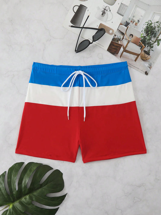 Men's Plus Size Drawstring Waist Color Block Swim Shorts