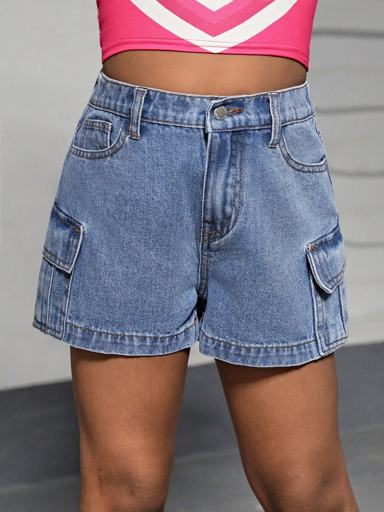 Tween Girls Y2K Stonewashed Flap Pocket Baggy Denim Jeans Shorts With Slanted Pocket