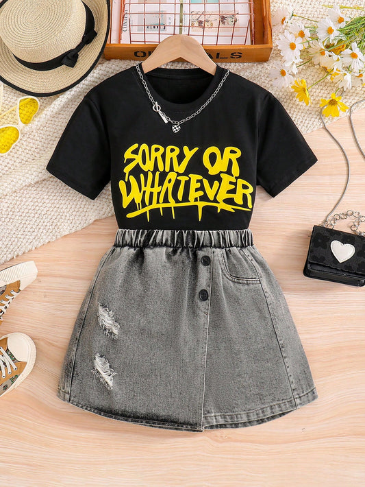 Tween Girls  Slogan Graphic Tee & Ripped Denim Skirt