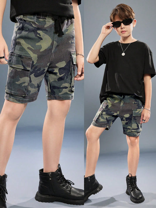 Tween Boys'Summer Casual Camo Cargo Pocket Drawstring  Denim Shorts ,For Spring/Summer