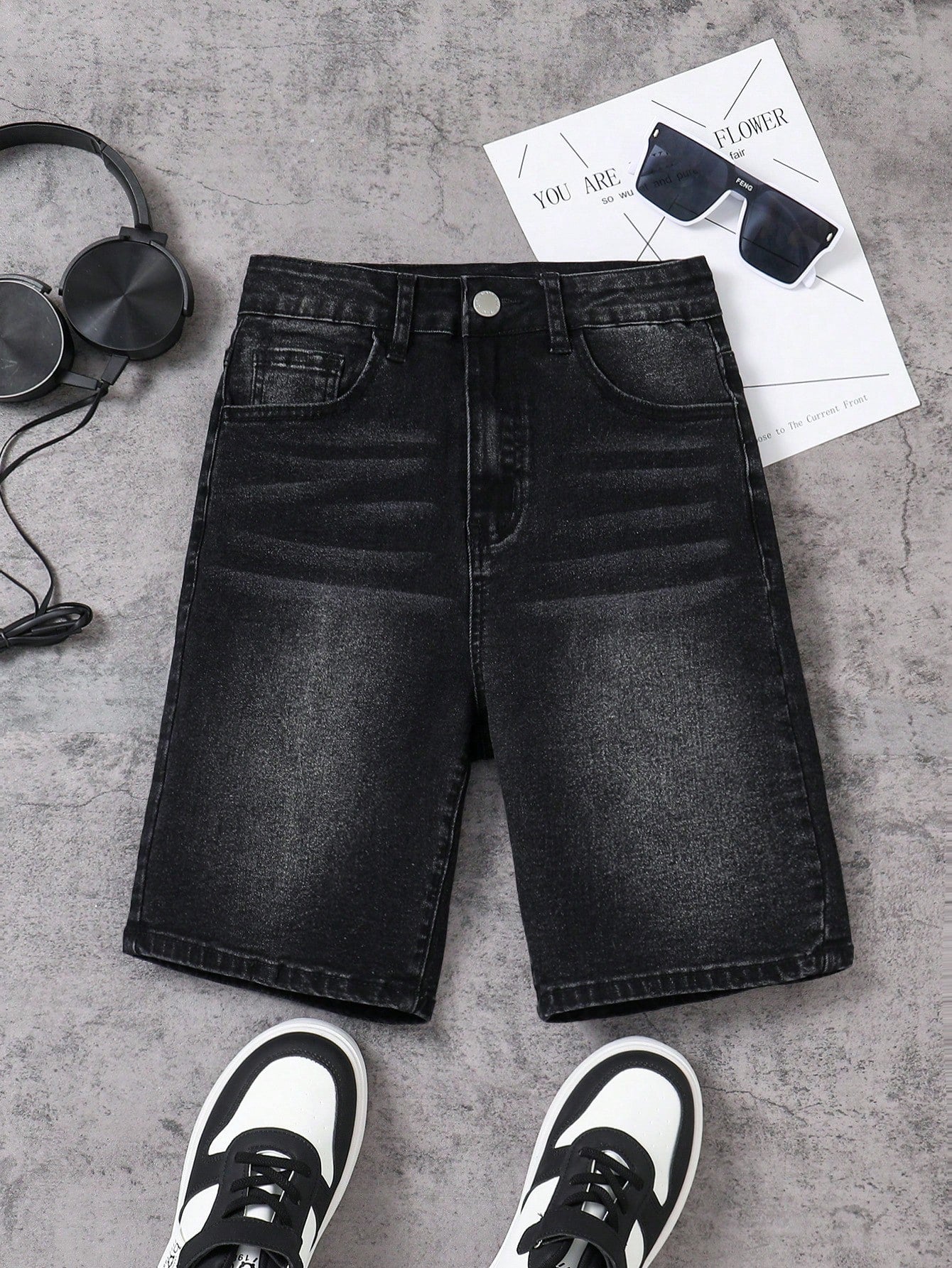 Teen Boy Black Casual Fashion Comfortable, Loose 
Foundationand Refreshing Simple Denim Boy Shorts For Vacation And Daily Boys Outfits