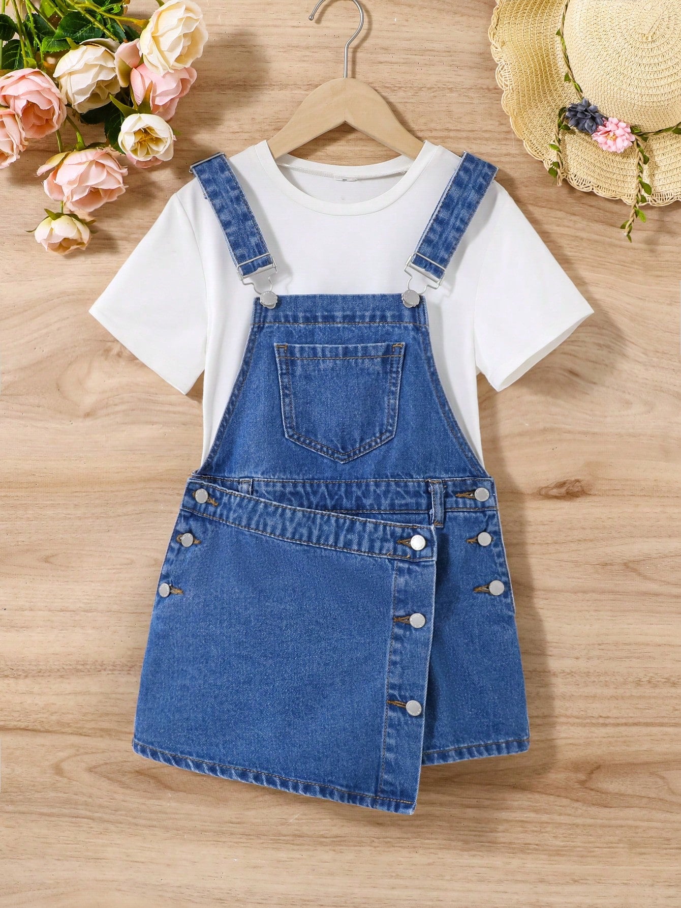 Tween Girls' Summer Trendy Irregular Front-Waist Patched Pocket Denim Overalls Jumpsuit