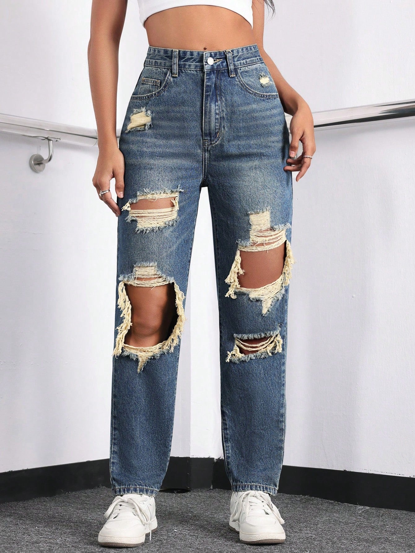 High Waist Ripped Cut Out Jeans