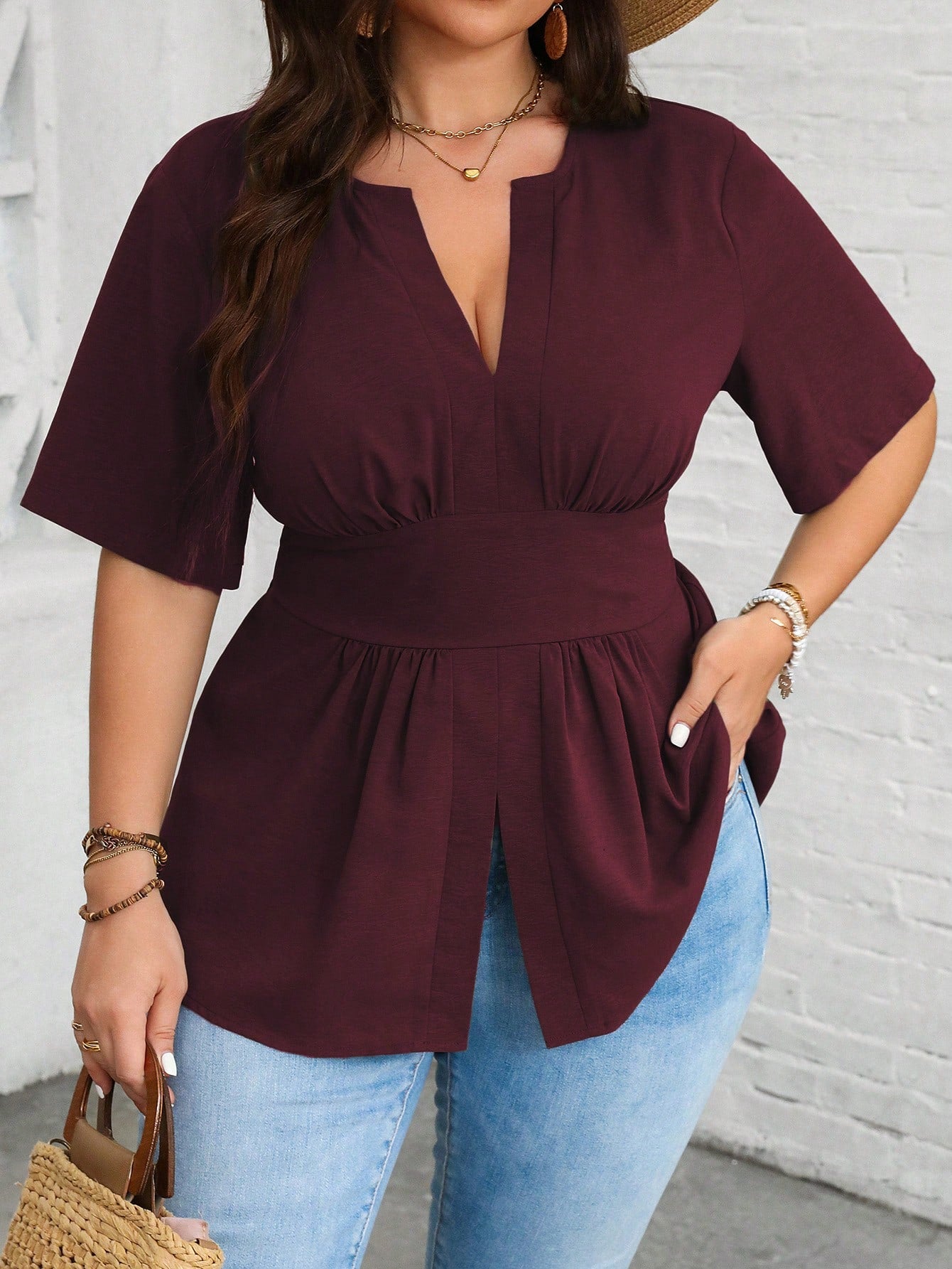 Frenchy Plus Notched Neckline Split Hem Blouse