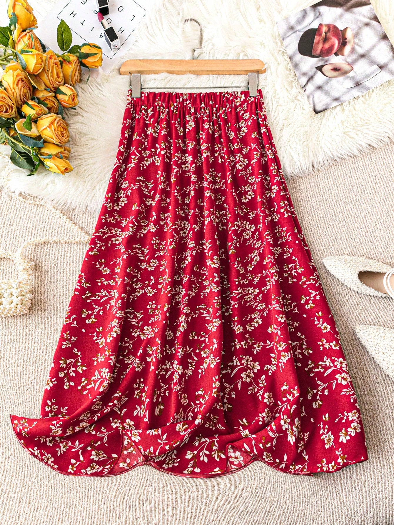 Summer Casual Elastic Waist Ditsy Floraled Skirt With Small Flower Print