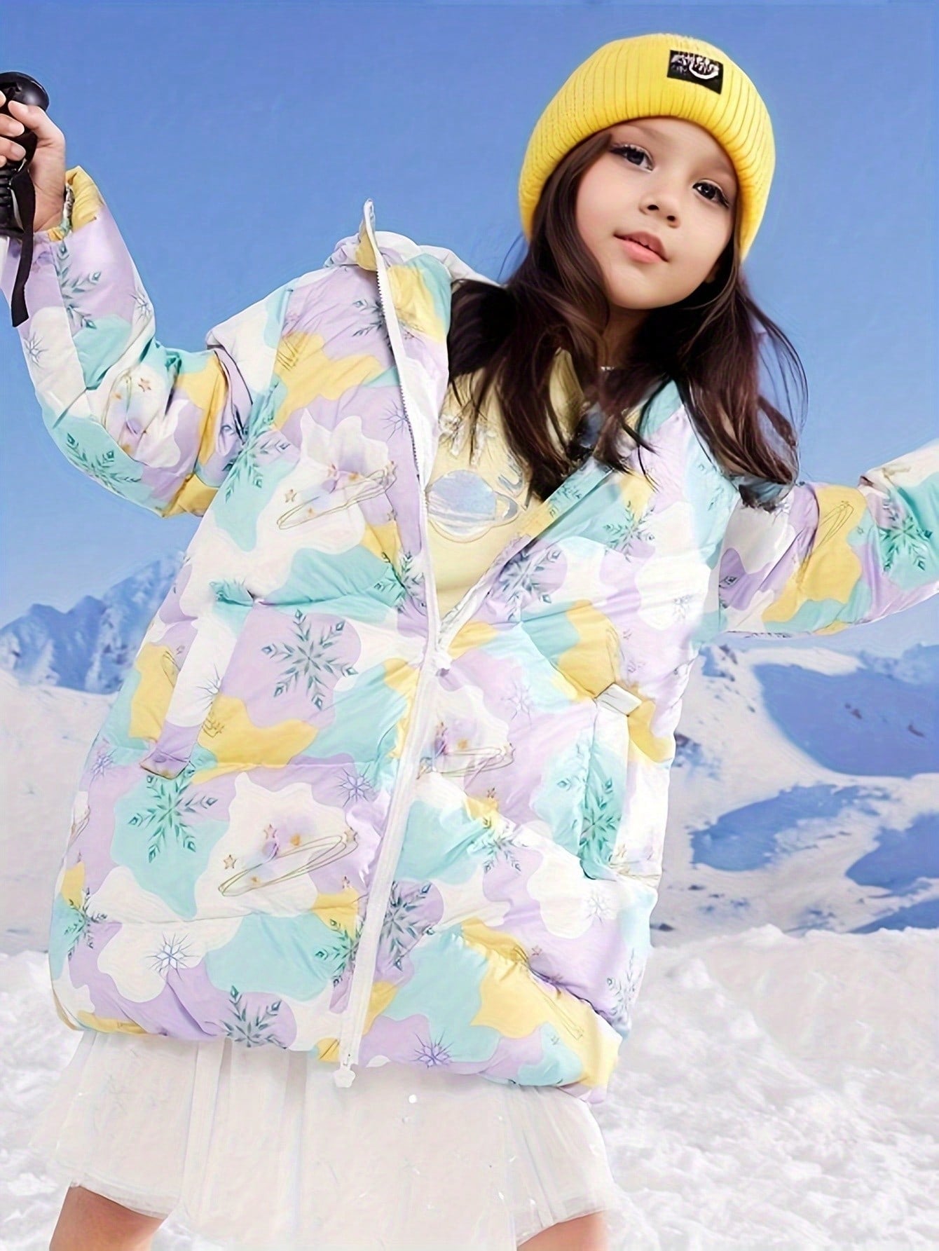 Girls' Winter Warm And Thick Printed Medium Length Down Jacket Purple