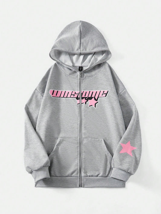 Plus Star & Letter Graphic Zip Up Drop Shoulder Hoodie