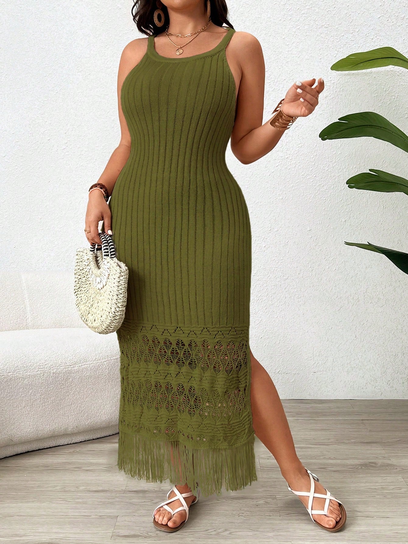 Plus Size Vacation Leisure Sweater Dress With Texture Patchwork Hollow Out Design And Fringe Hem Side Slit