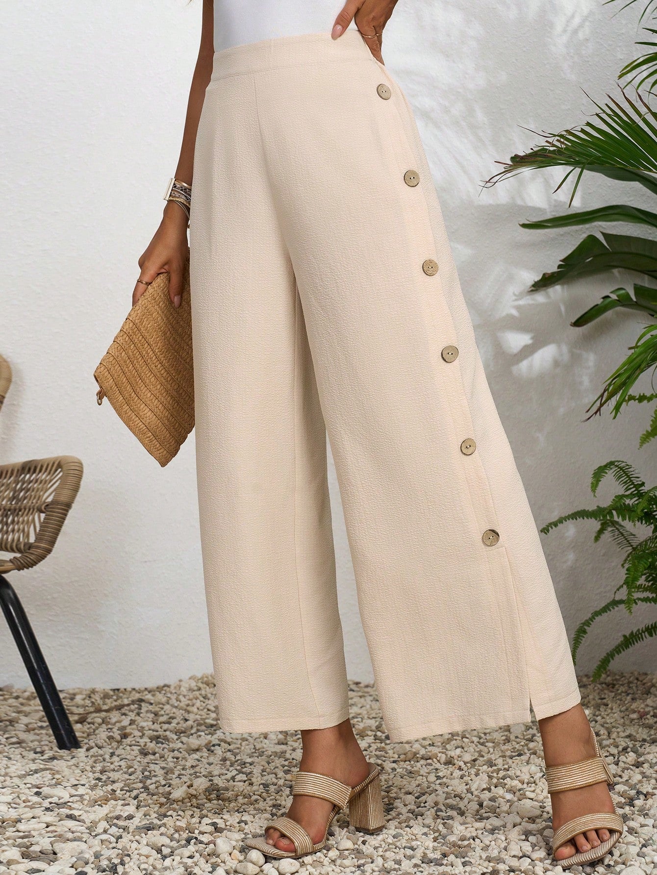 Women's High Waisted Side Button Closure Wide Leg Pants With Elastic Cuffs