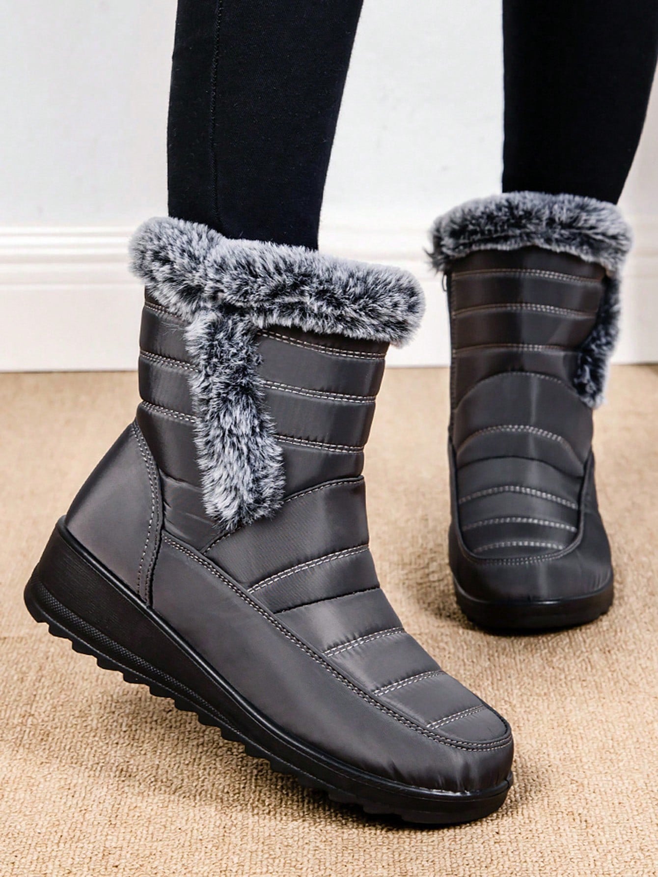 2024 Winter New Fashion Women's Ankle Boots With Fur Collar, Waterproof Platform, Wedge Heel, Warm Plush Lining, Waterproof And Slip-Resistant Short Boots For Women