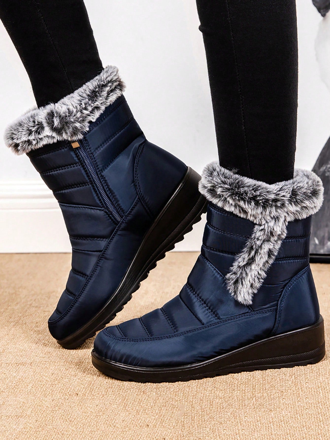 2024 Winter New Fashion Women's Ankle Boots With Fur Collar, Waterproof Platform, Wedge Heel, Warm Plush Lining, Waterproof And Slip-Resistant Short Boots For Women