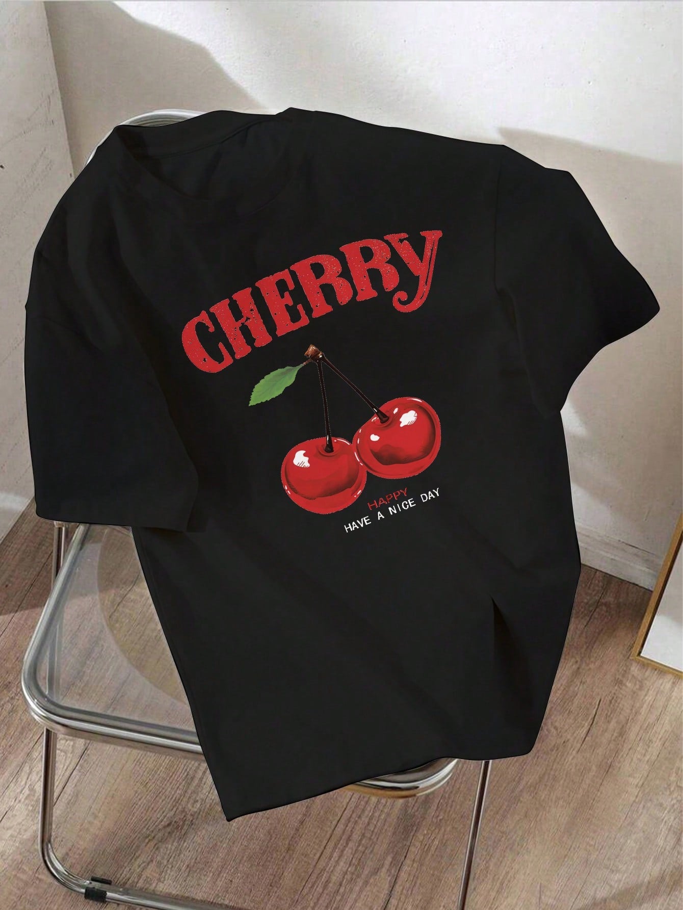 Oversized Cherry Print White Round Neck Short Sleeve T-Shirt, Casual And Simple, Super Loose Fit, Summer Women's Shirt