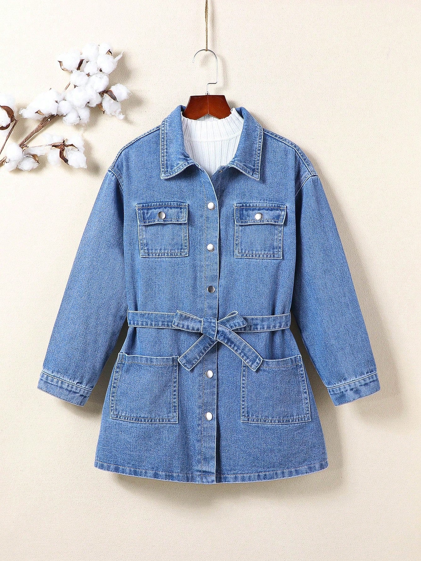 Streecool Kids Long Style Workwear Pocket Design With Belt, Teenager Girls' Long Sleeve Medium Wash Water Blue Denim Jacket, Vintage Fashionable Fit For Casual Wear