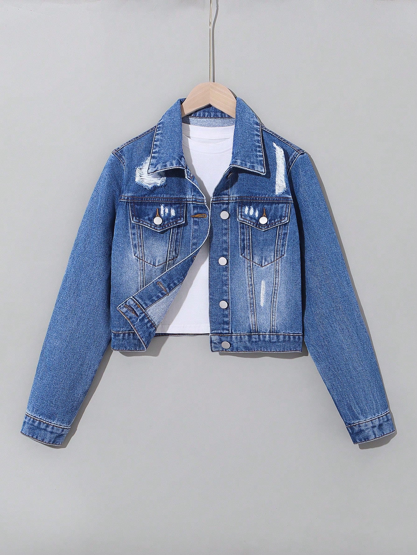 Streecool Kids Teen Girl All-Match Casual Middle Blue Washed Ripped Denim Trucker Jacket