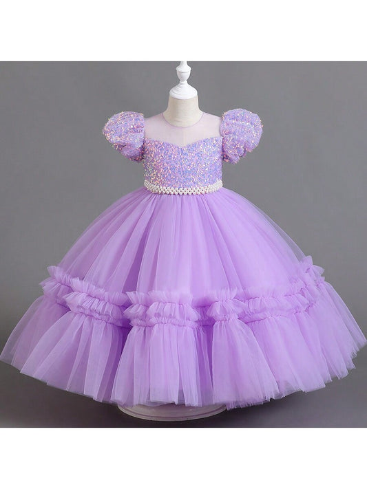 Girls' Princess Party Dress With Beaded And Sequined Bodice, Birthday Wedding Puffy Long Formal Gown