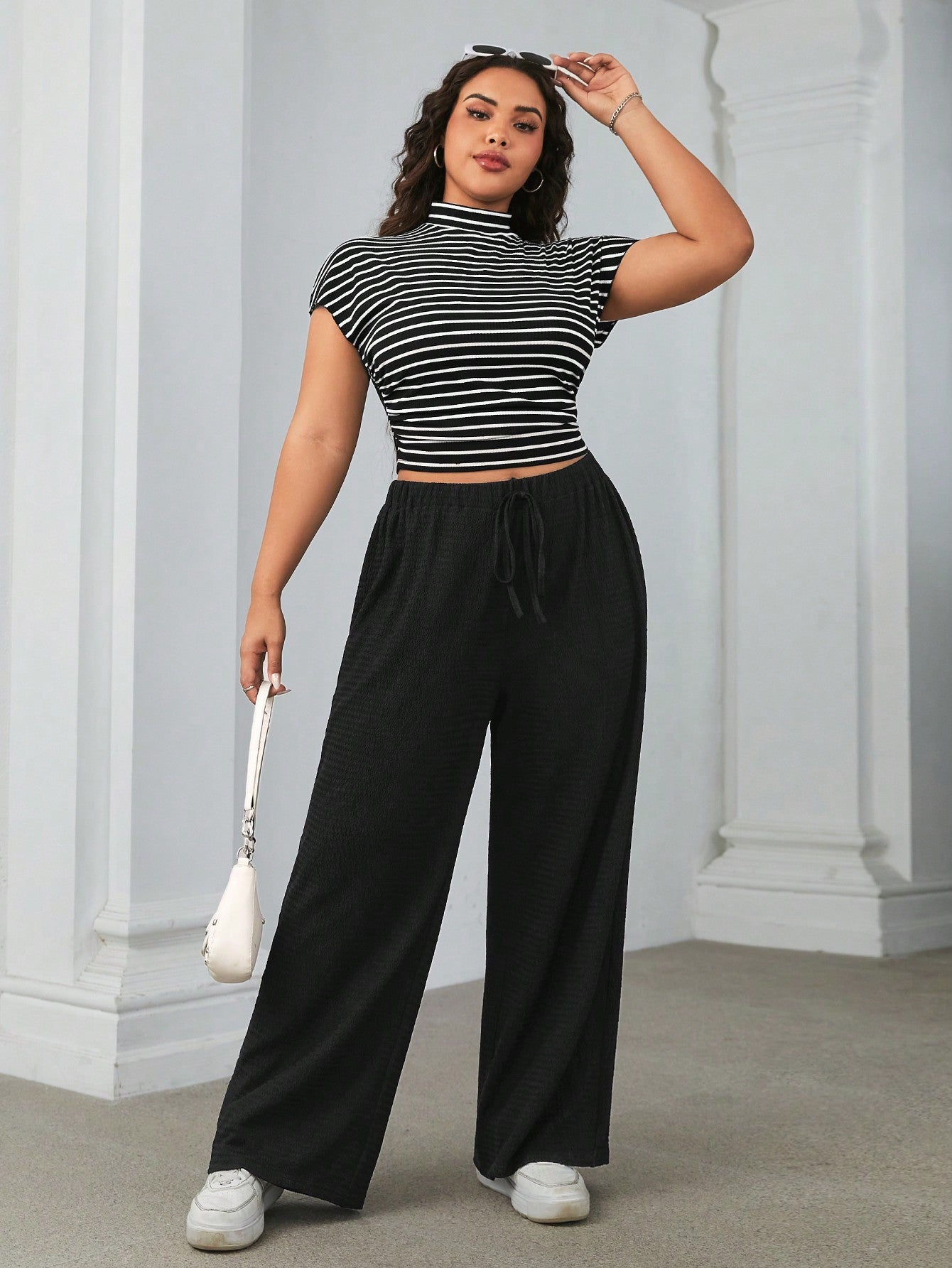 Plus Size Knit Texture T-Shirt And Long Pants With Casual Pleats Cord Set