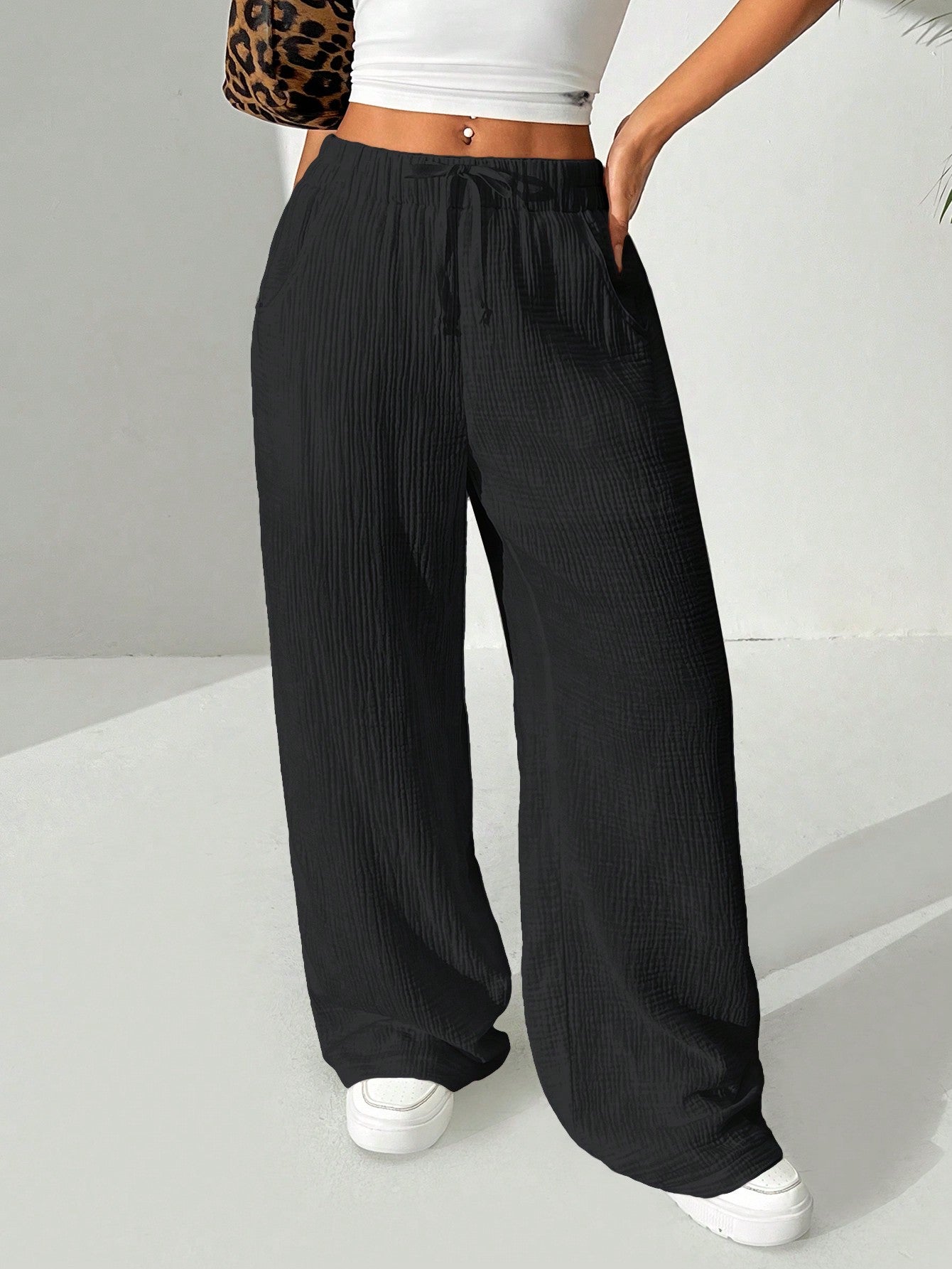 Cotton Loose Straight Drawstring Waist Slant Pocket Pants