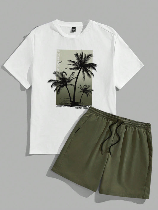 Men's Plus Size Coconut Tree Printed Short Sleeve T-Shirt And Shorts Leisure Vacation Set