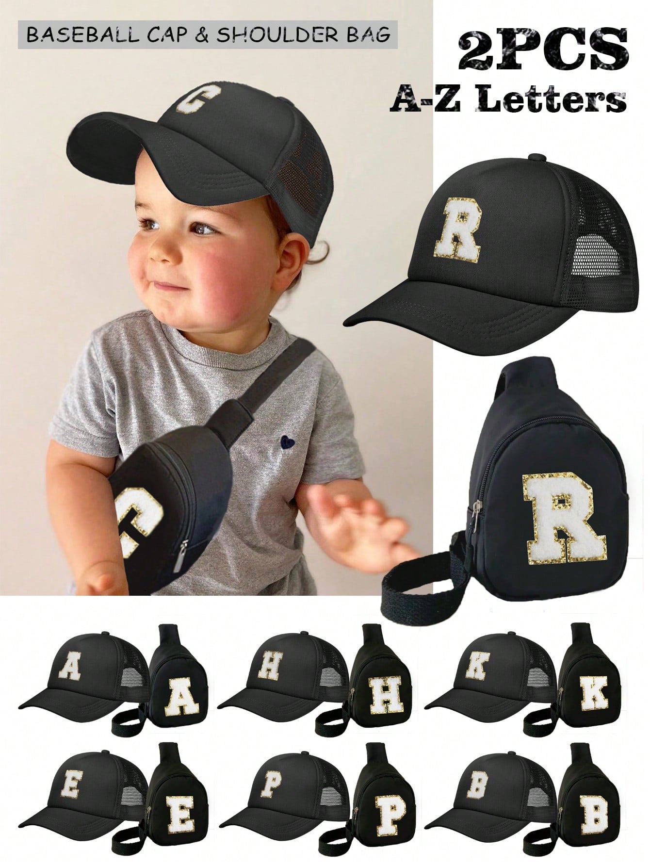 2pcs Children's 26 Alphabet Baseball Cap And Bag Set For Boys And Girls To Use As Fashionable Accessory For Daily Wear And Back To School