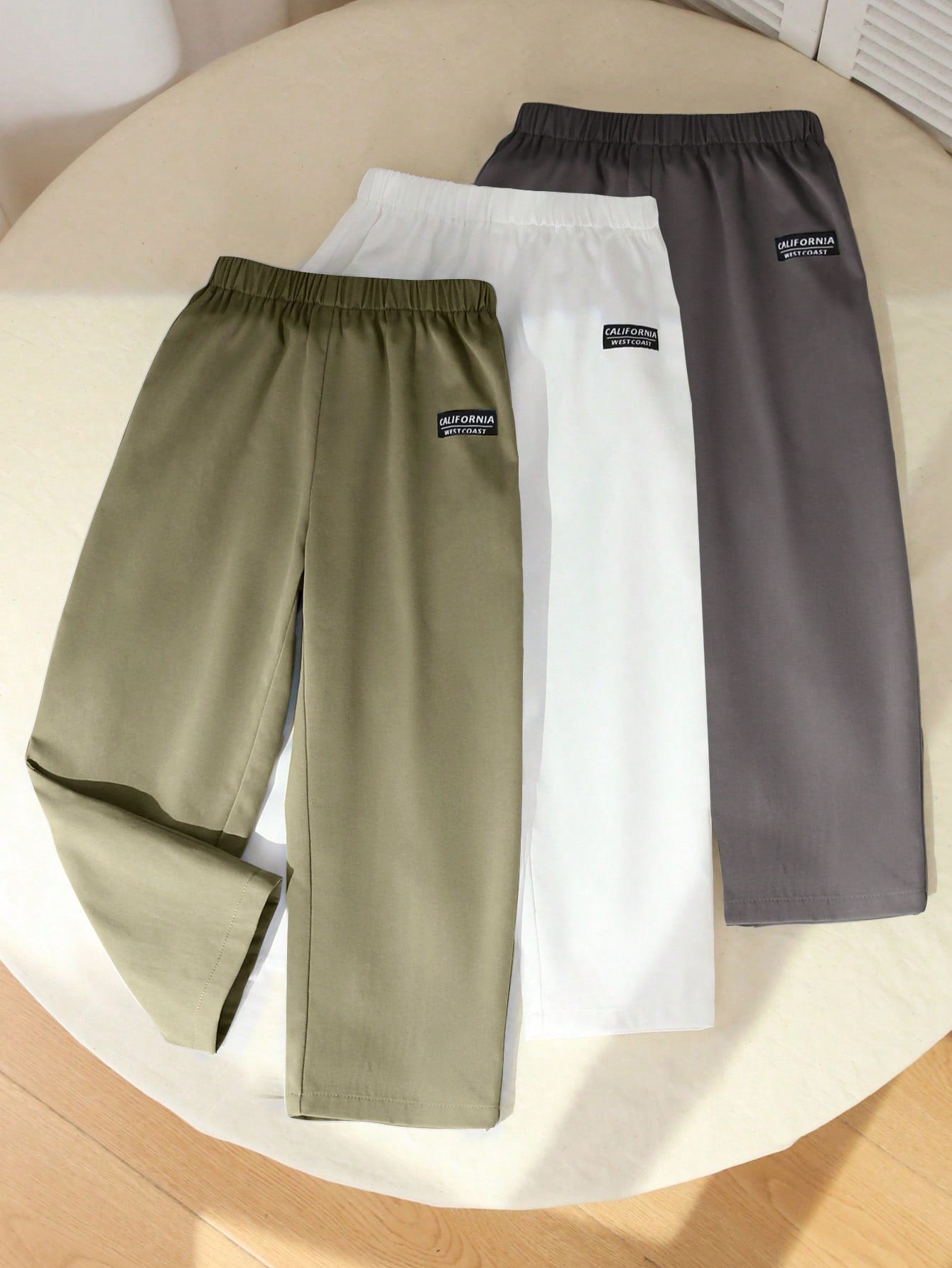 3pcs Young Boy Casual Woven Label Straight-Leg Woven Long Pants, 3 Colors, 1pc Each