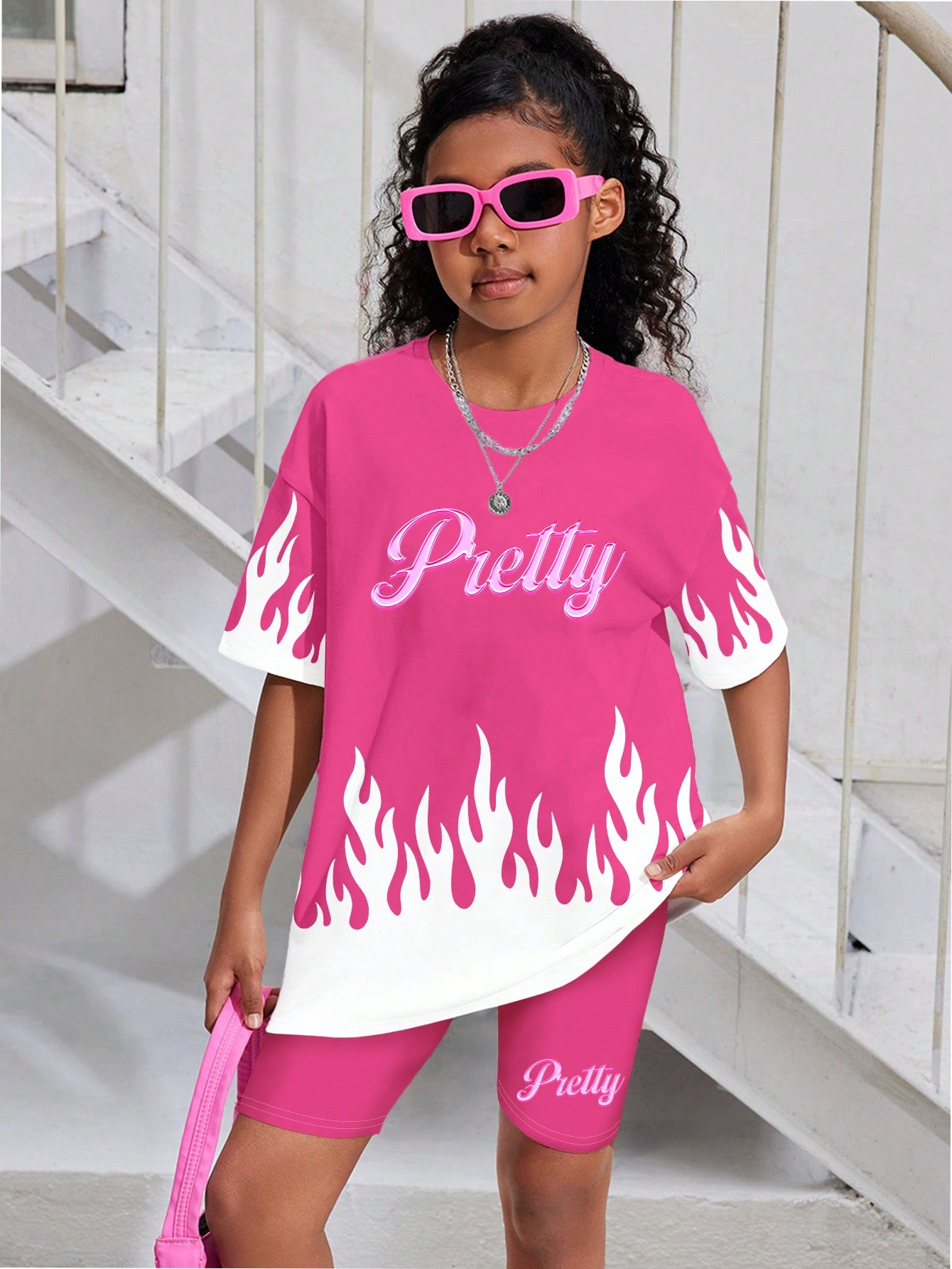 Pink, Tween Girls' Casual Simple Letter Print Short Sleeve T-Shirt And Shorts Set, Suitable For Summer