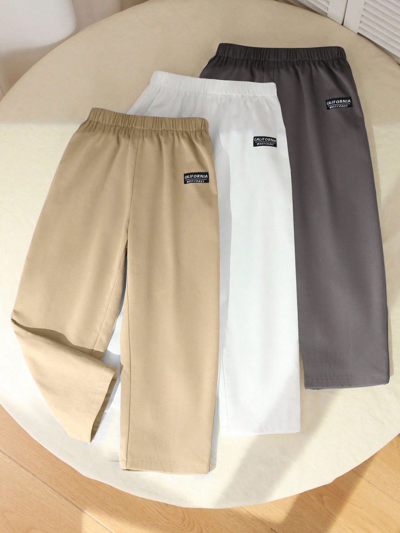 3pcs Young Boy Casual Woven Label Straight-Leg Woven Long Pants, 3 Colors, 1pc Each