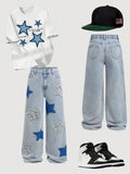 Teen Boy Blue Fashionable Casual Star Design Baggy Denim Jeans For Vacation And Dailywear