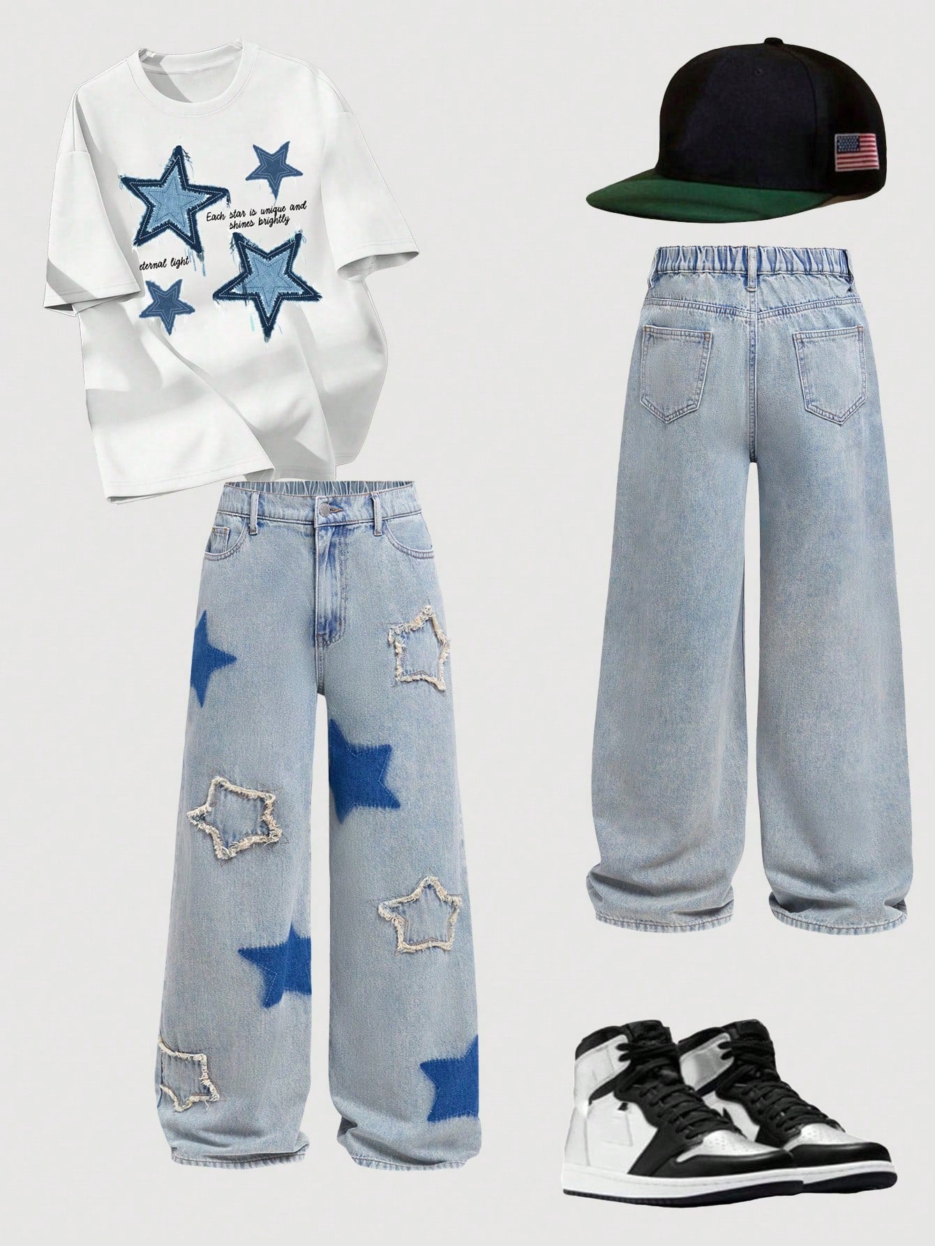 Teen Boy Blue Fashionable Casual Star Design Baggy Denim Jeans For Vacation And Dailywear