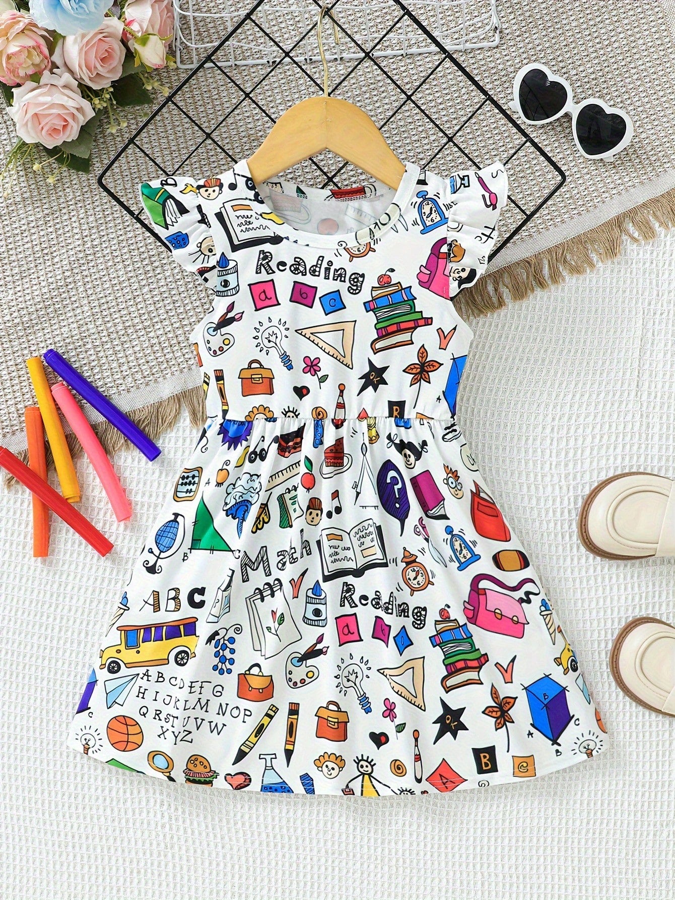 Young Girl Cute Cartoon Graphic Ruffle Trim Sleeveless Dress For Preppy Summer Schooling Back To School