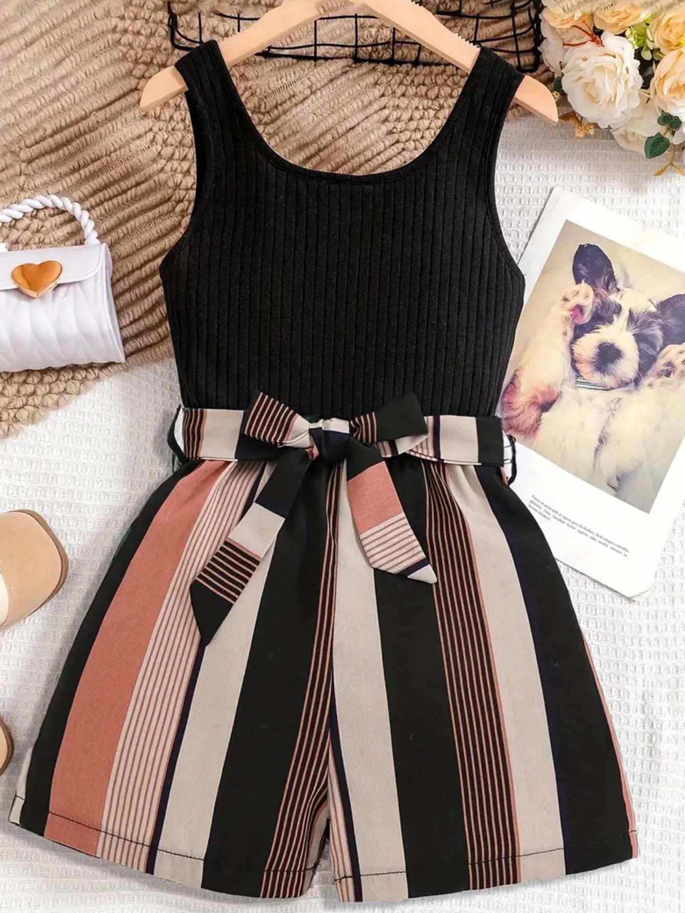 Young Girl Fashionable Striped Jumpsuit With Ribbed Belt And Thick Shoulder Straps