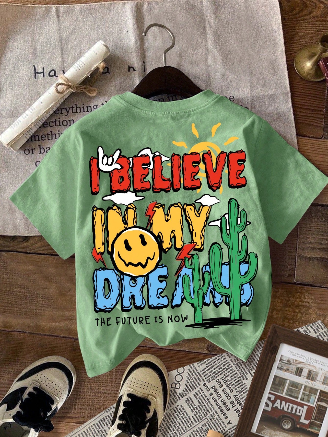 Tween Boy Casual Cartoon Logo Print Short Sleeve Round Neck T-Shirt, Suitable For Summer