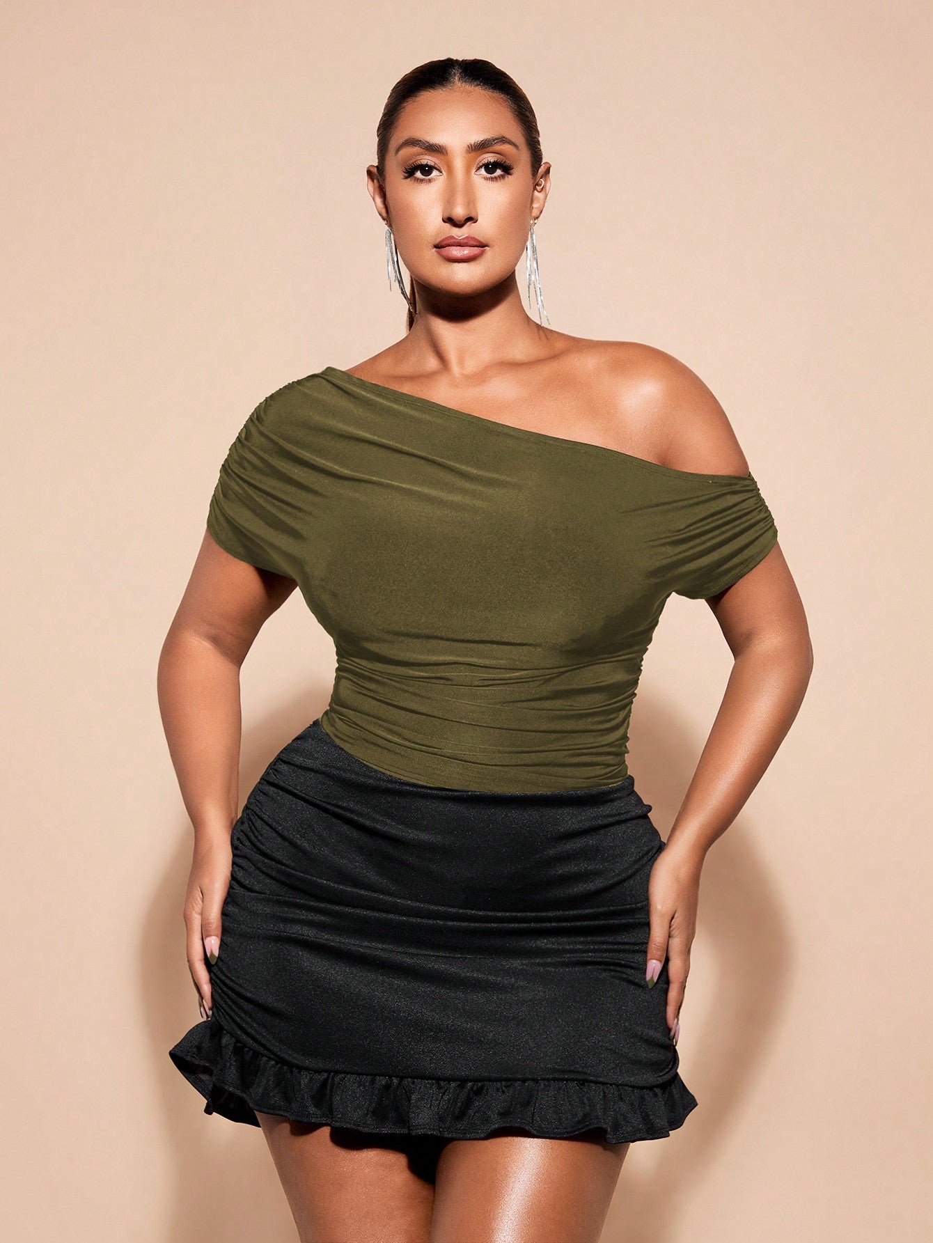 Plus Size Women's Black Short Sleeve T-Shirt With Asymmetric Neck Design