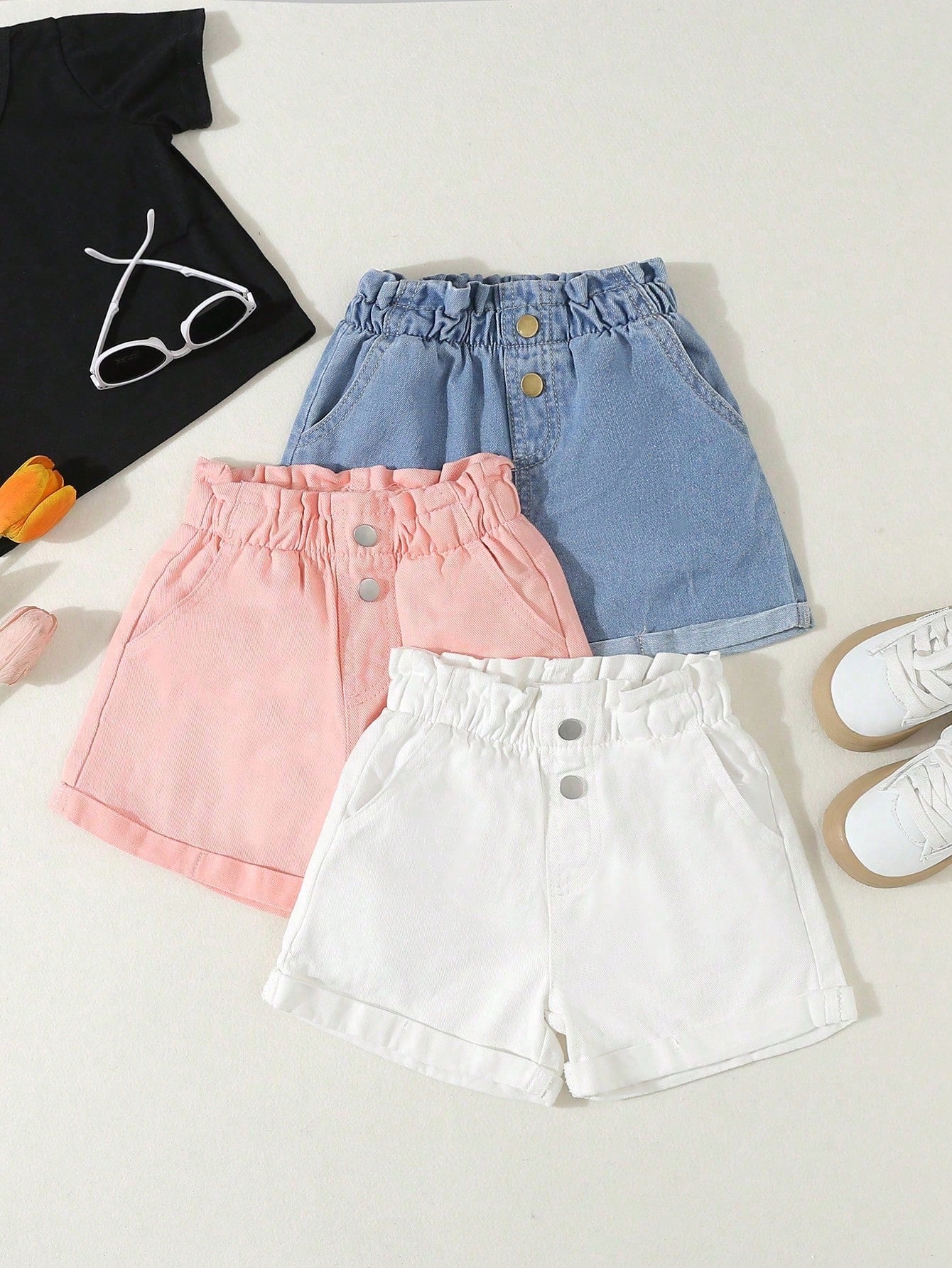 Young Girl Comfortable Casual Multi-Color Denim Shorts With Tulip Waist