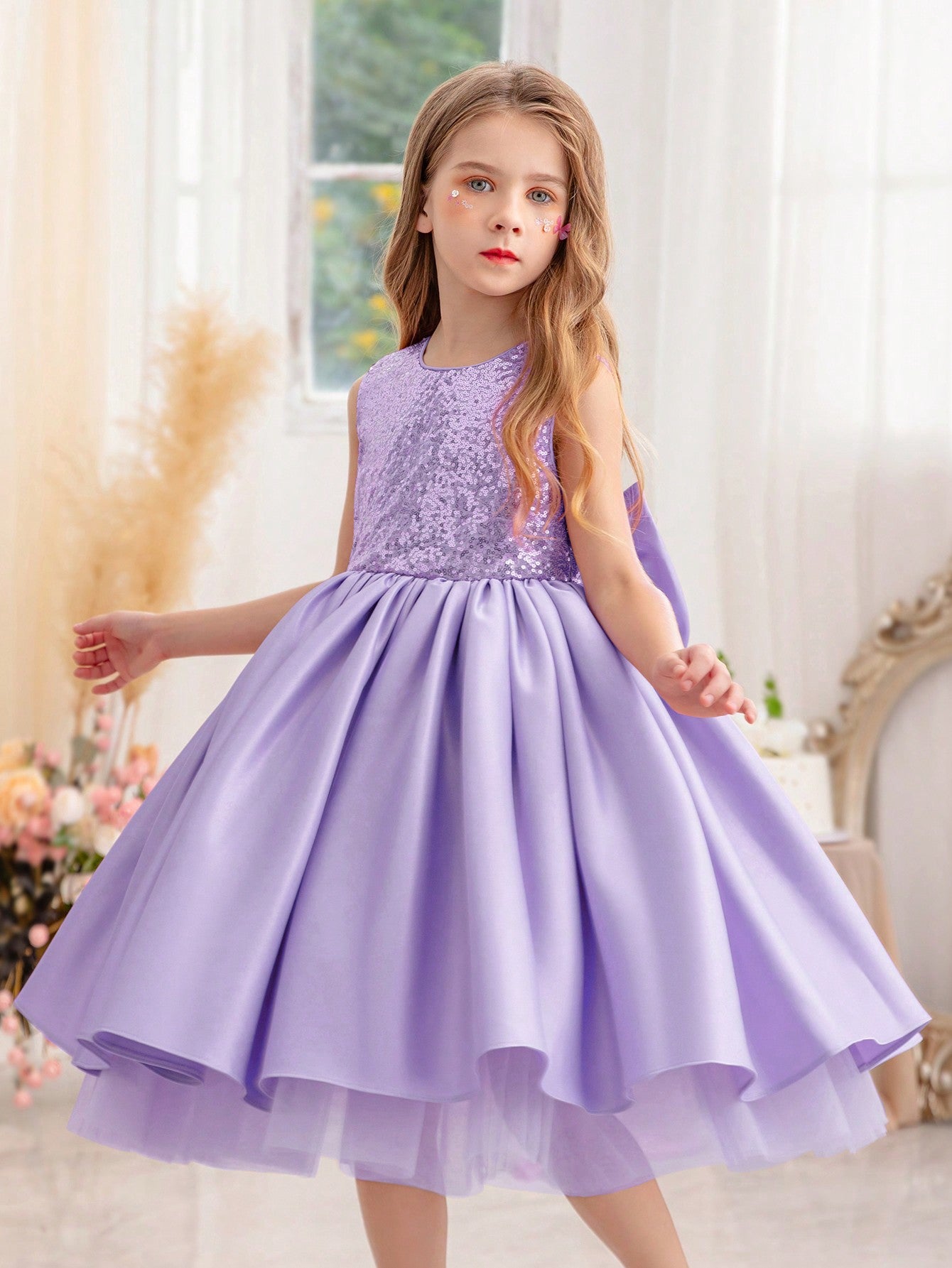 Sequined Bow-Knot Princess Dress For Young Girls, Suitable For Birthday Party, Wedding, Pageant, School Performance